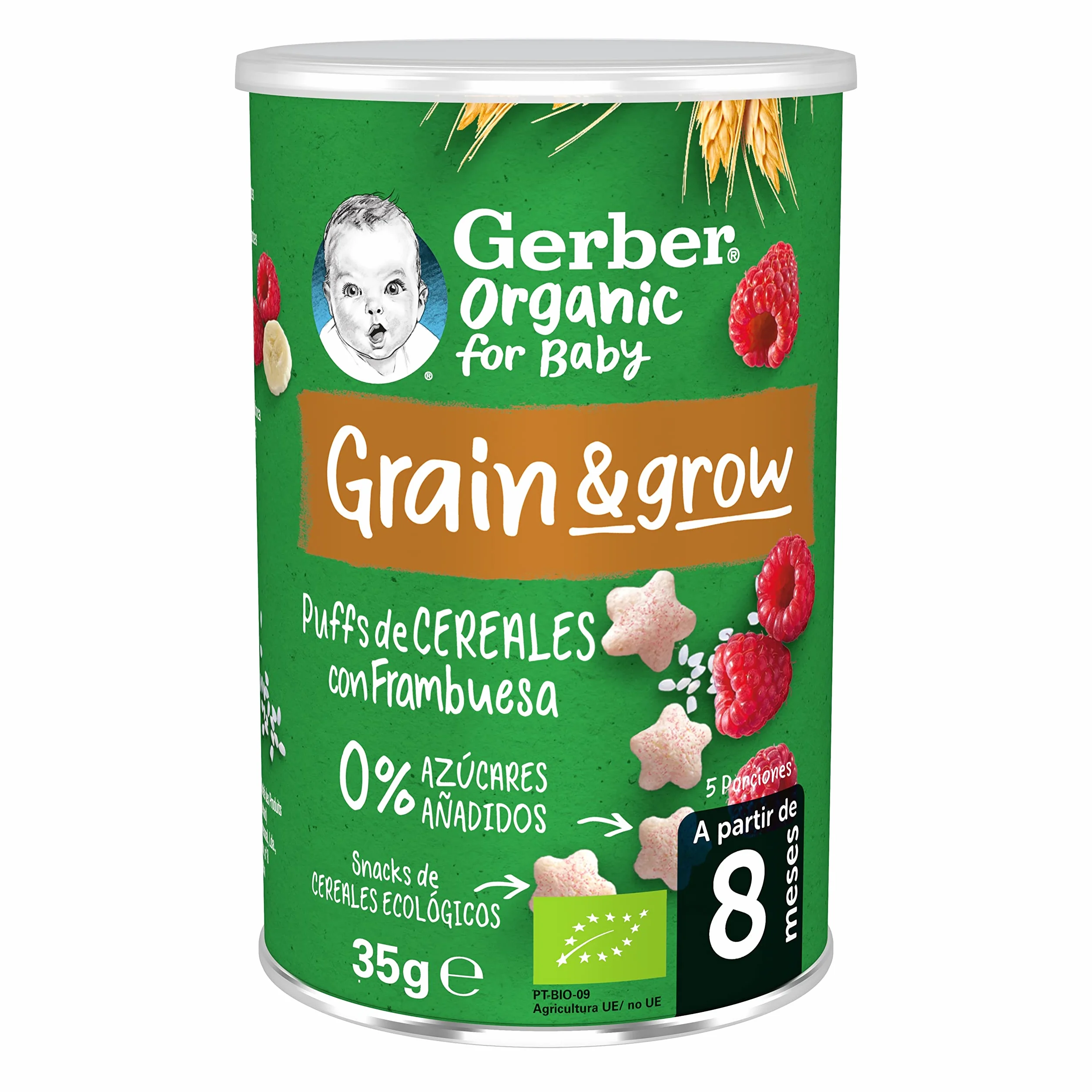 GERBER Organic Puffs Frambuesa y Plátano, Snack de Cereales para Bebés, Latitas 5x35g, a partir de 8 meses