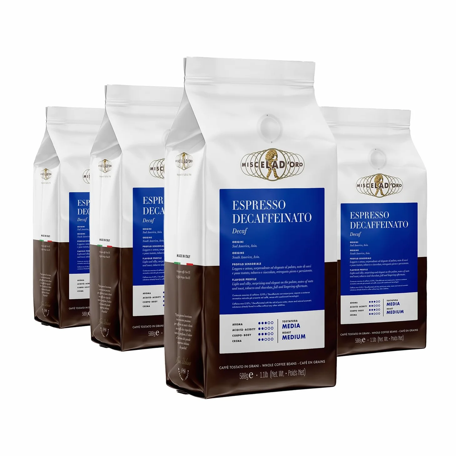 Miscela d'Oro Espresso descafeinado en granos - 4 paquete de 500 g