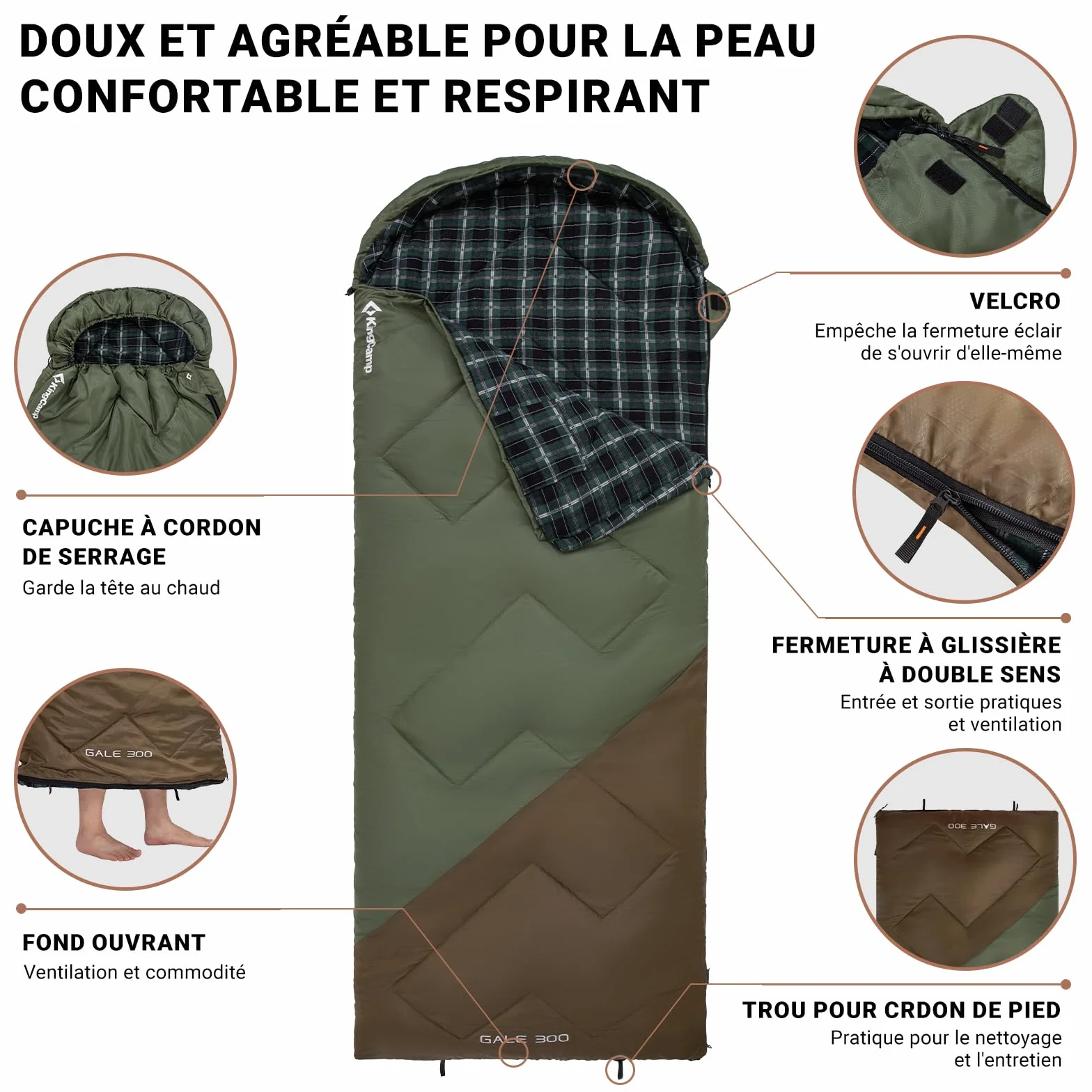 KingCamp Saco de Dormir Adulto XXL de Franela de Algodón, 230 x 90 cm, Cálido, para 3 o 4 Sstaciones, para Acampar y Viajes, con Capucha y Saco de Compresión.