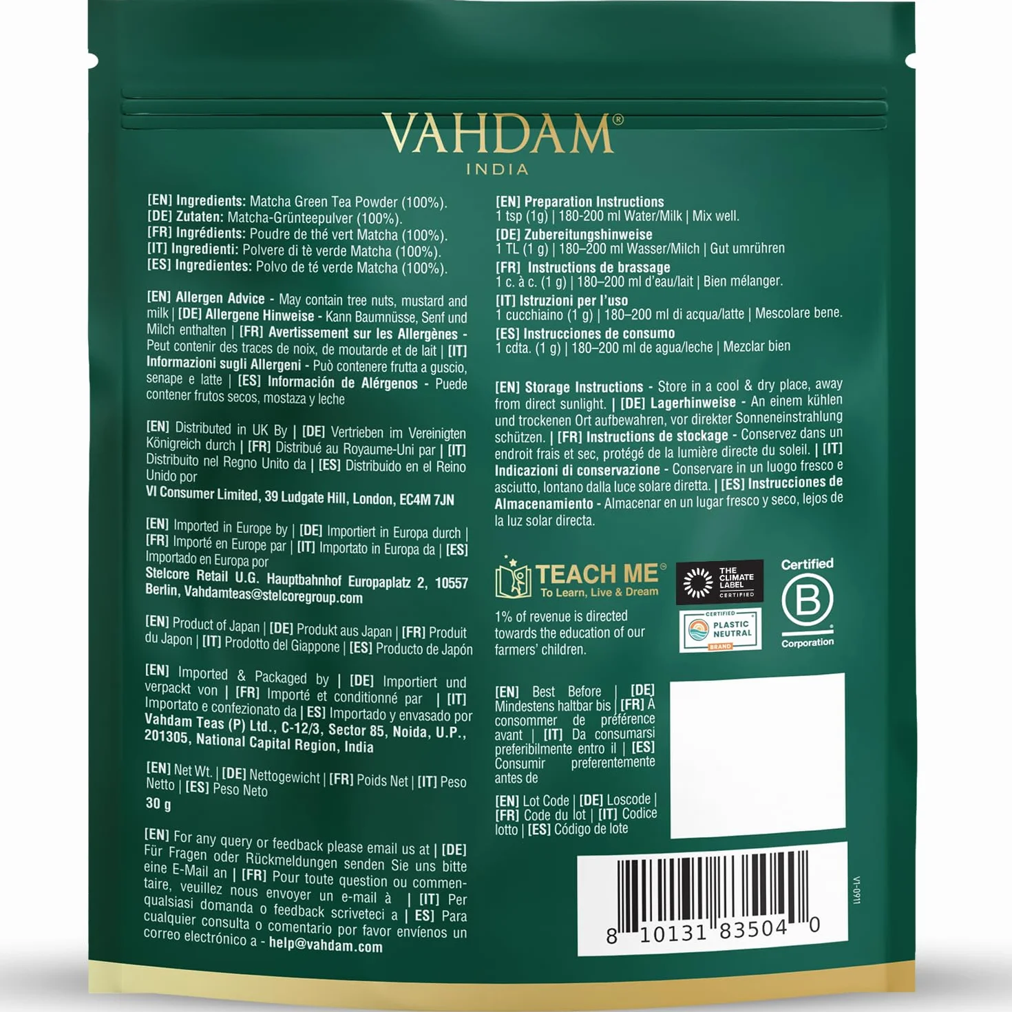 VAHDAM Matcha Ceremonial 30g | Té Verde Matcha Japonés Grado Ceremonial de Uji, Japón | Polvo Ultra Fino y Sedoso | Sabor Delicado Sin Amargor | Ideal para Ceremonia del Té y Matcha Latte