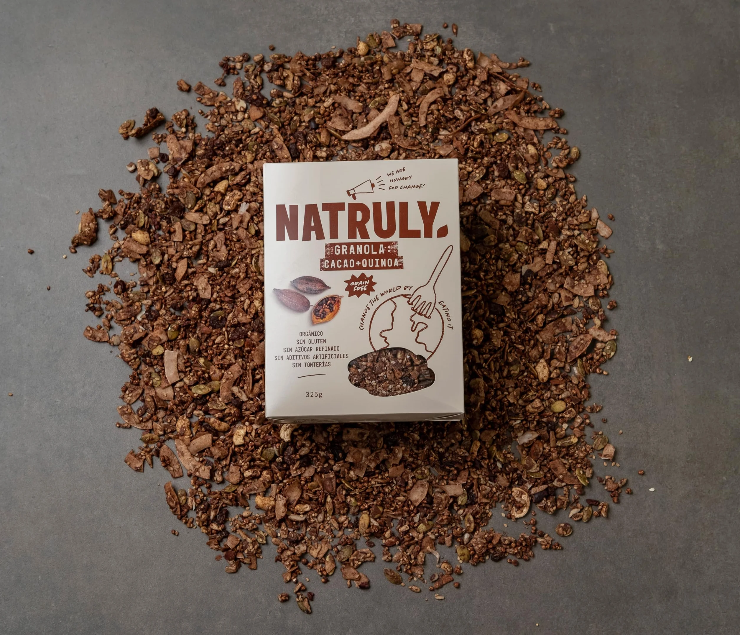 NATRULY Granola BIO Sin Azúcar Refinado, Sin Gluten, Solo Frutos Secos y Semillas, Sin Cereales, Sabor Cacao - Pack 6x325g