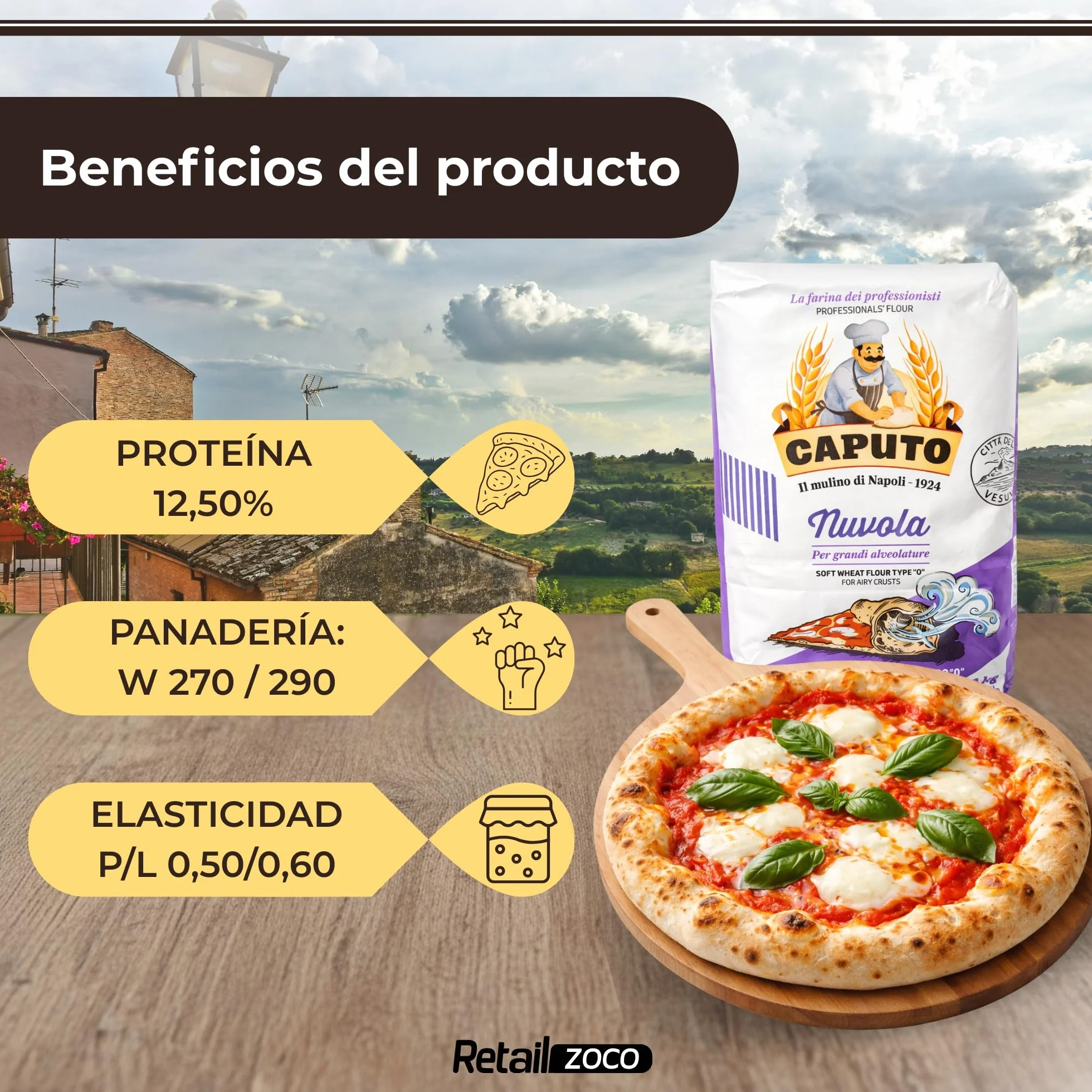 Harina Caputo Nuvola Pizzeria, Origen Italiana, ideal para masas ligeras con grandes cavidades, gran volumen, Recomendado para la clásica pizza napolitana, Tipo Harina 0, Contiene 1 unidad de 1 Kg