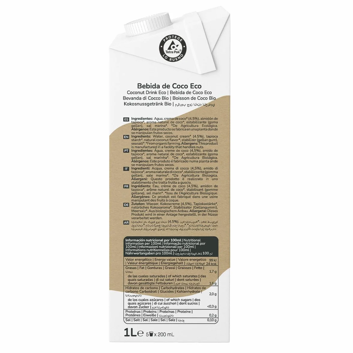 Pack 12× Bebida de Coco ECO 1 L – Bebida Vegetal sin Lactosa, sin Azúcares Añadidos, Ecológica