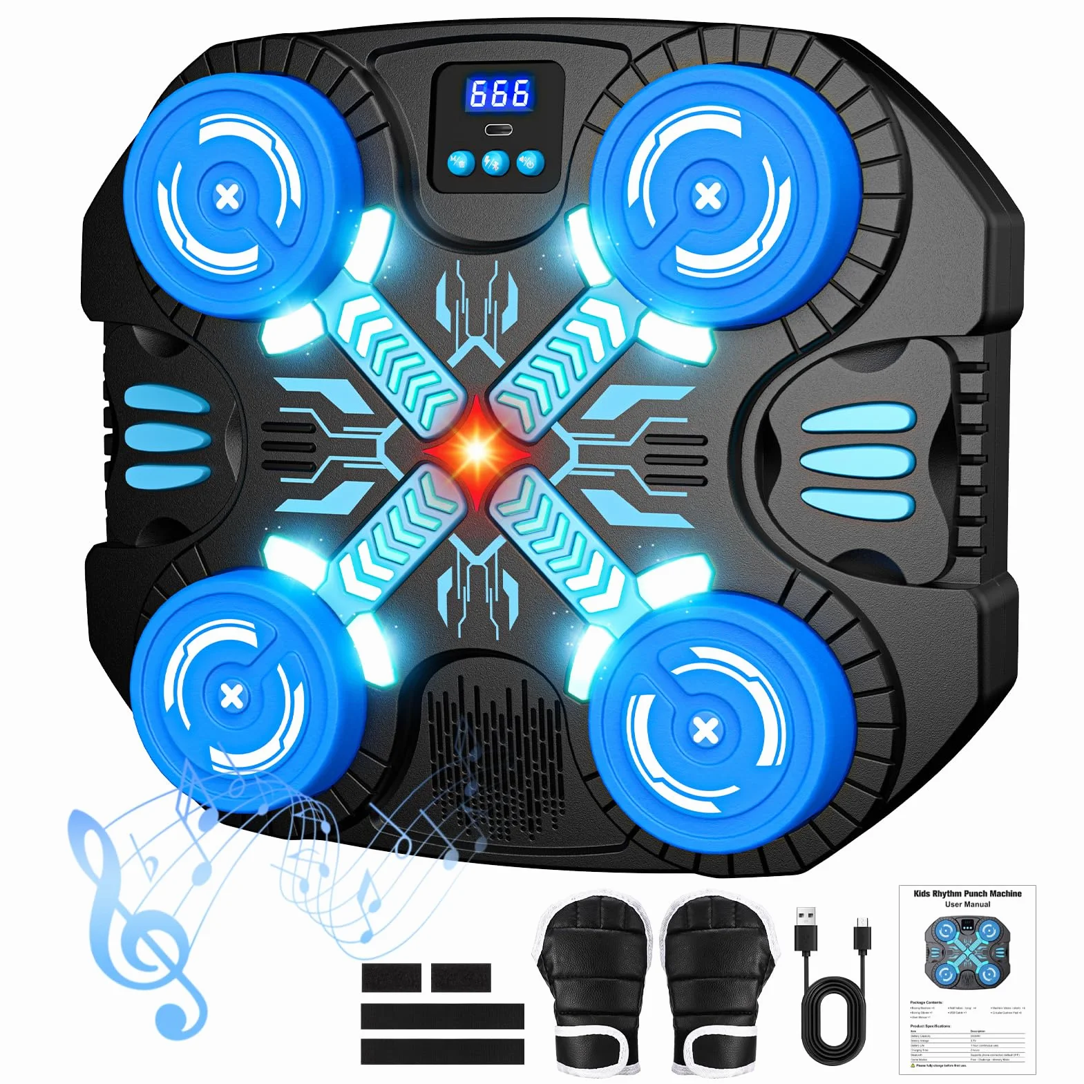 Máquina de Boxeo Musical para Niños con Guantes, Bluetooth, 3 Modos de Juego, Pantalla LED, Saco de Boxeo de Pared, Juguete 3-12 años