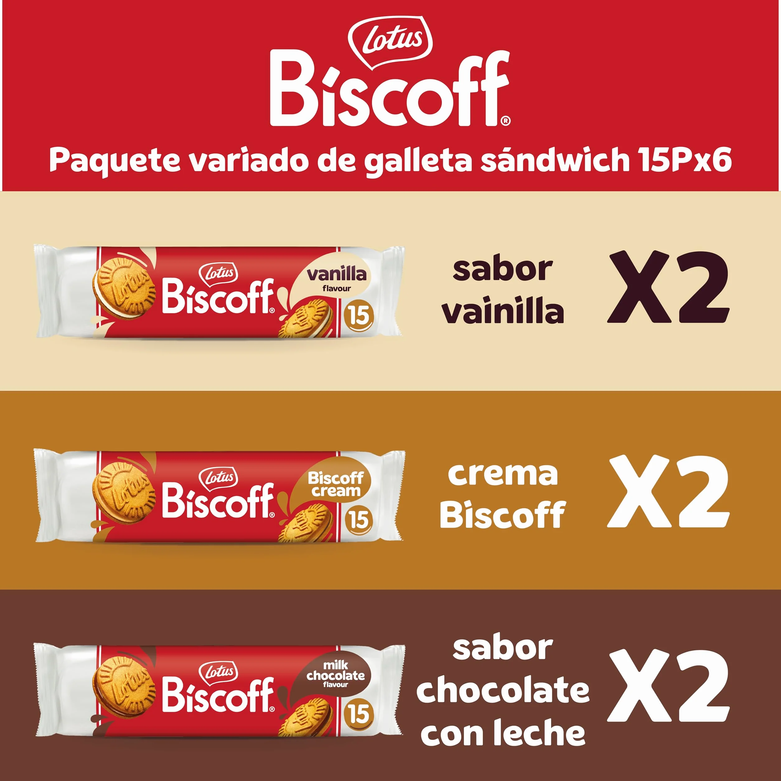 Lotus Biscoff | Paquete Variado de Galletas Sándwich | 3 Sabores | 2 Paquetes por Sabor | 15 Galletas Sándwich por Paquete | Ingredientes de Origen Natural | Sin Colorantes | 6 x 150g | 900g
