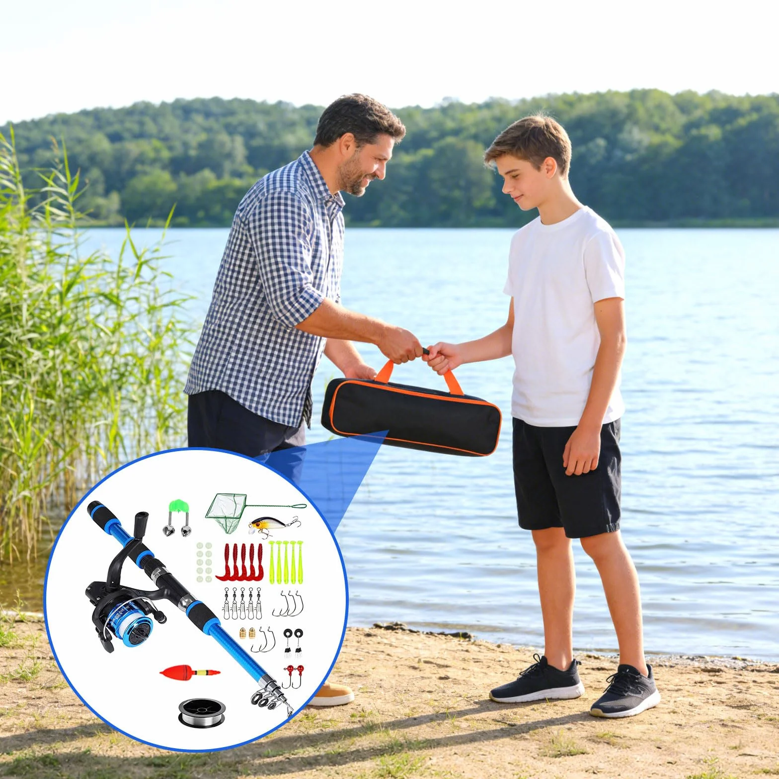 Juego de Caña de Pescar para Niños Principiantes, Kit Completo con Caña Telescópica 1.8m Carrete Spinning