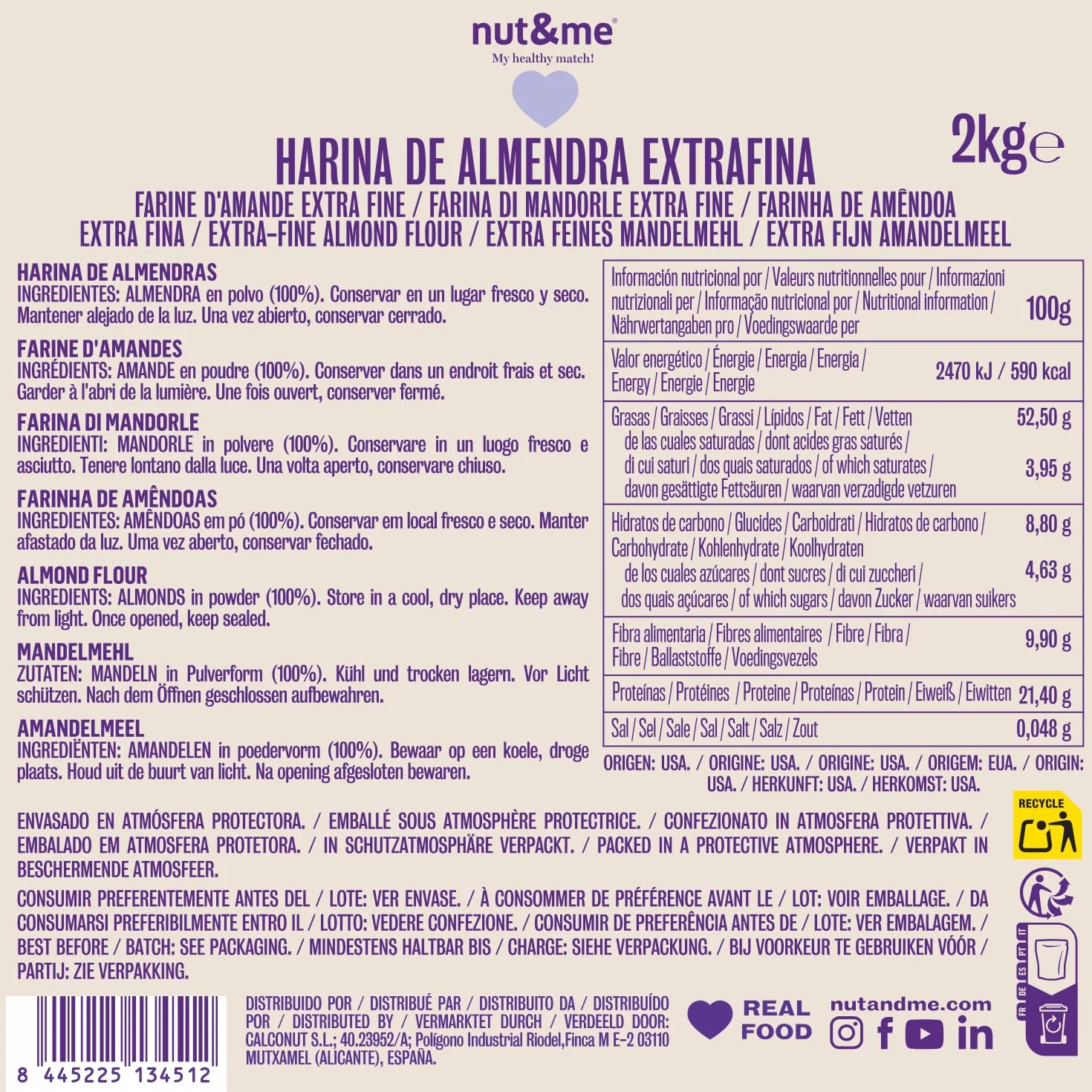 Harina de almendra 2 KG nut&me | 100% almendra | Extrafina | Sin Gluten | Keto | Repostería | Sin azúcar| Sin conservantes ni aditivos | Alto en proteínas |