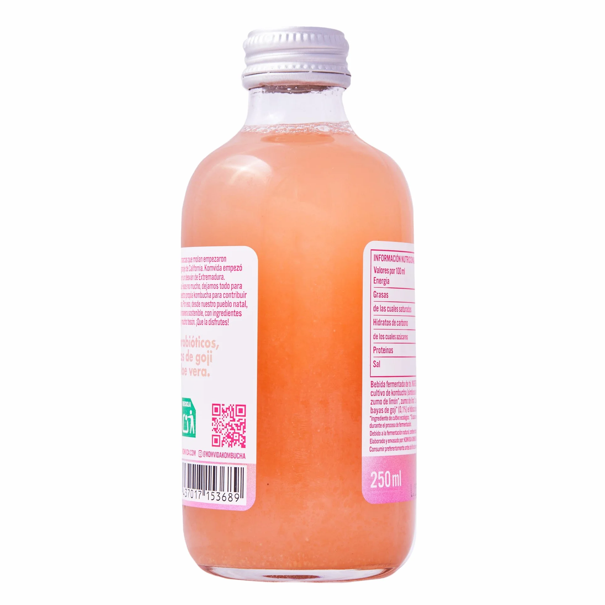 Kombucha Komvida Superglow- Bebida Ecológica de Té fermentado con aloe vera, Sabor Fresa y Lima, Probióticos Naturales, Baja en calorías, 250ml