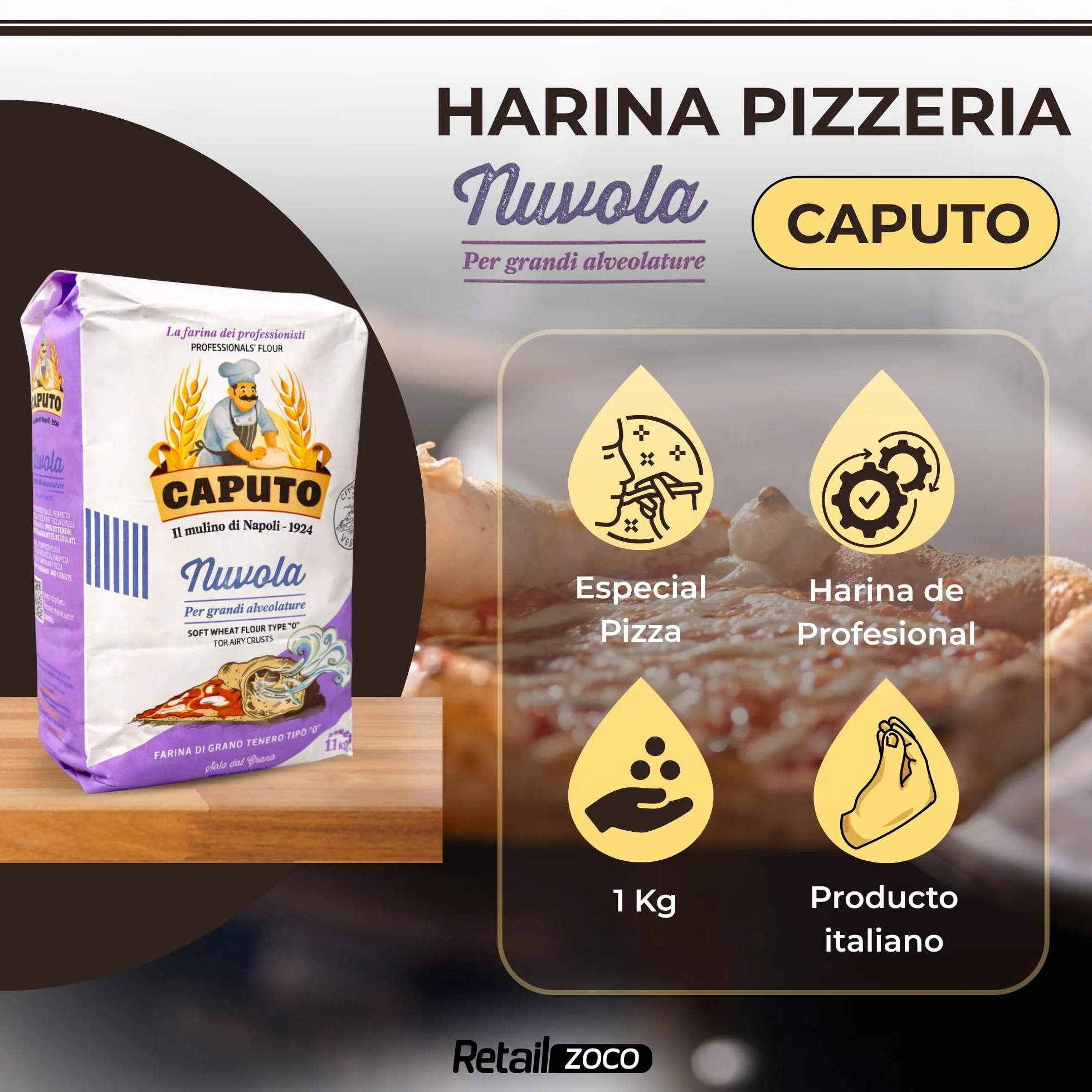 Harina Caputo Nuvola Pizzeria, Origen Italiana, ideal para masas ligeras con grandes cavidades, gran volumen, Recomendado para la clásica pizza napolitana, Tipo Harina 0, Contiene 1 unidad de 1 Kg