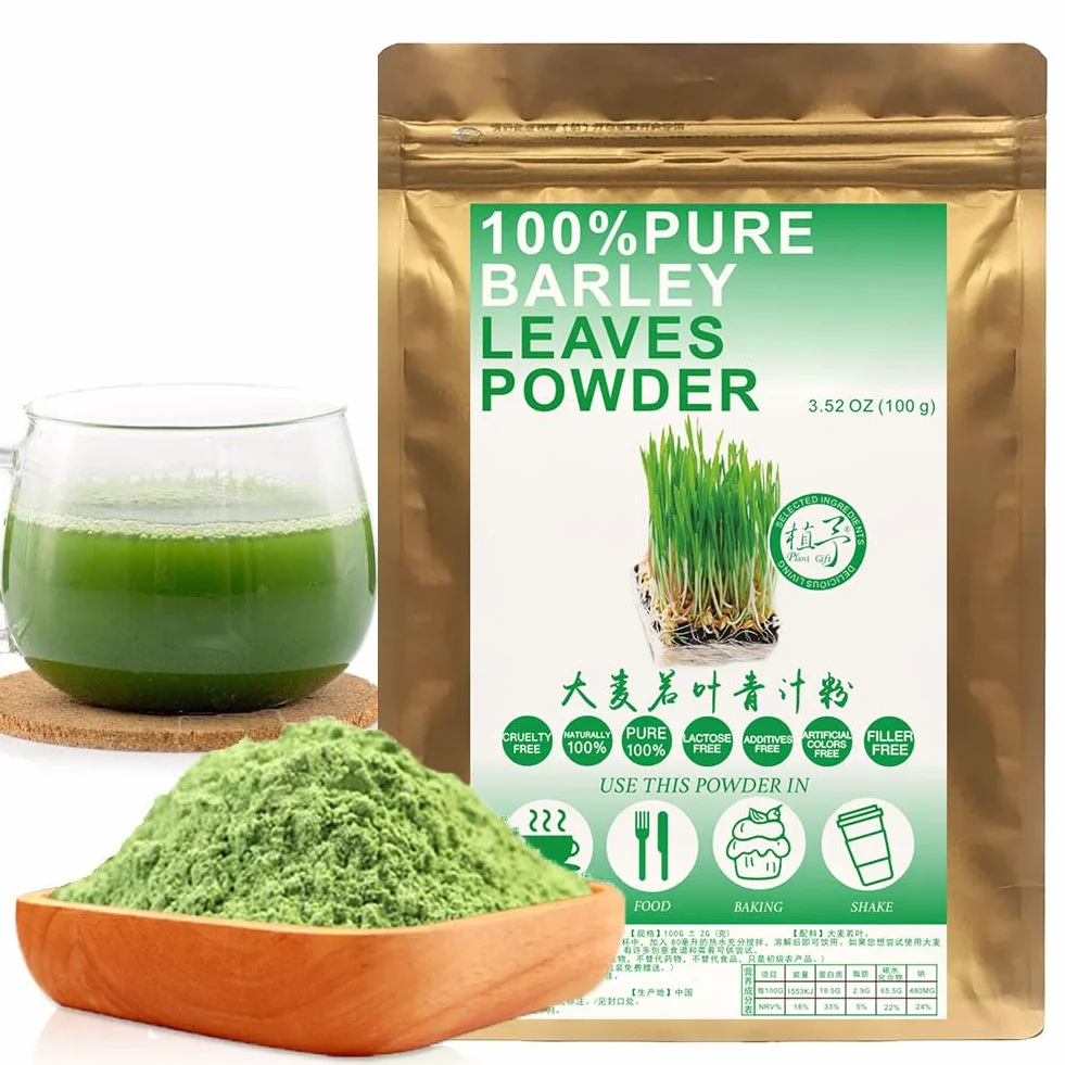 Plant Gift 100% Pure Barley leaves Powder 大麦若叶青汁粉 Polvo dietético natural, excelente sabor para bebidas, batidos, yogur, horneado, galletas y bebidas, 100g / 3.25oz