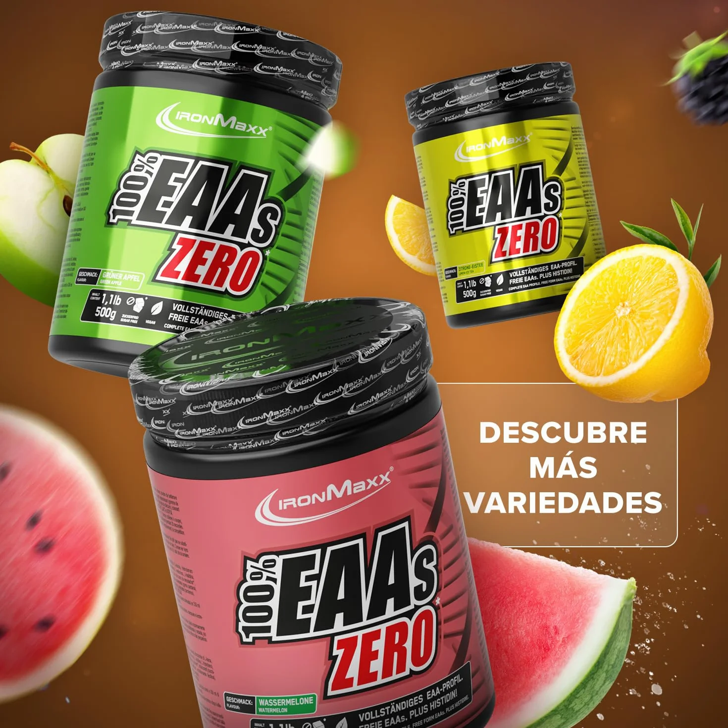 IronMaxx 100% EAAs Cero - Cola Lima bote de 500g | polvo de EAA, vegano y sin azúcares con todos los 8 aminoácidos esenciales | sabor afrutado, sin conservantes