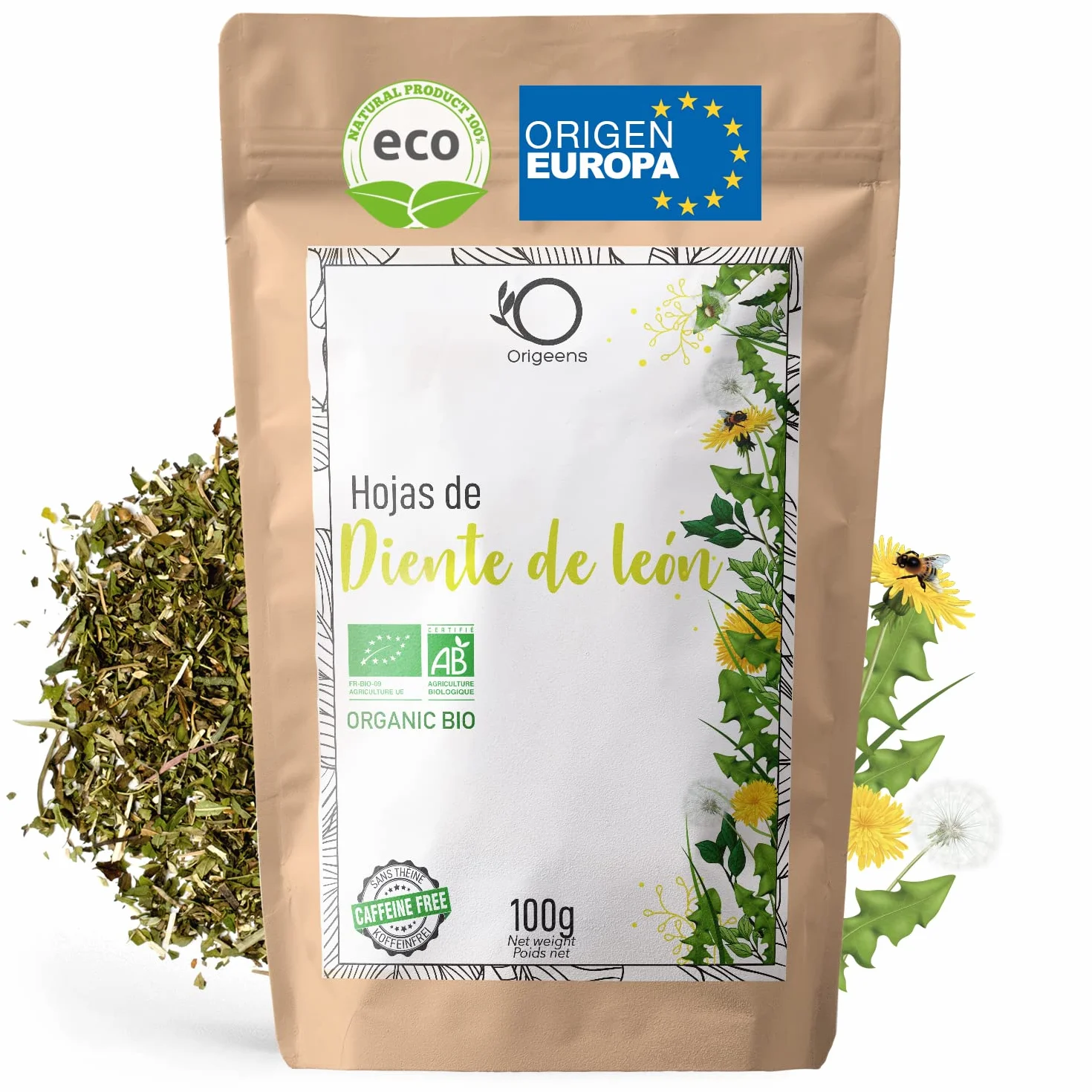 ORIGEENS Bio Diente de Leon Infusion 100g - Hojas de diente de leon secas - ​​Infusion drenante y diurética - Dandelion tea