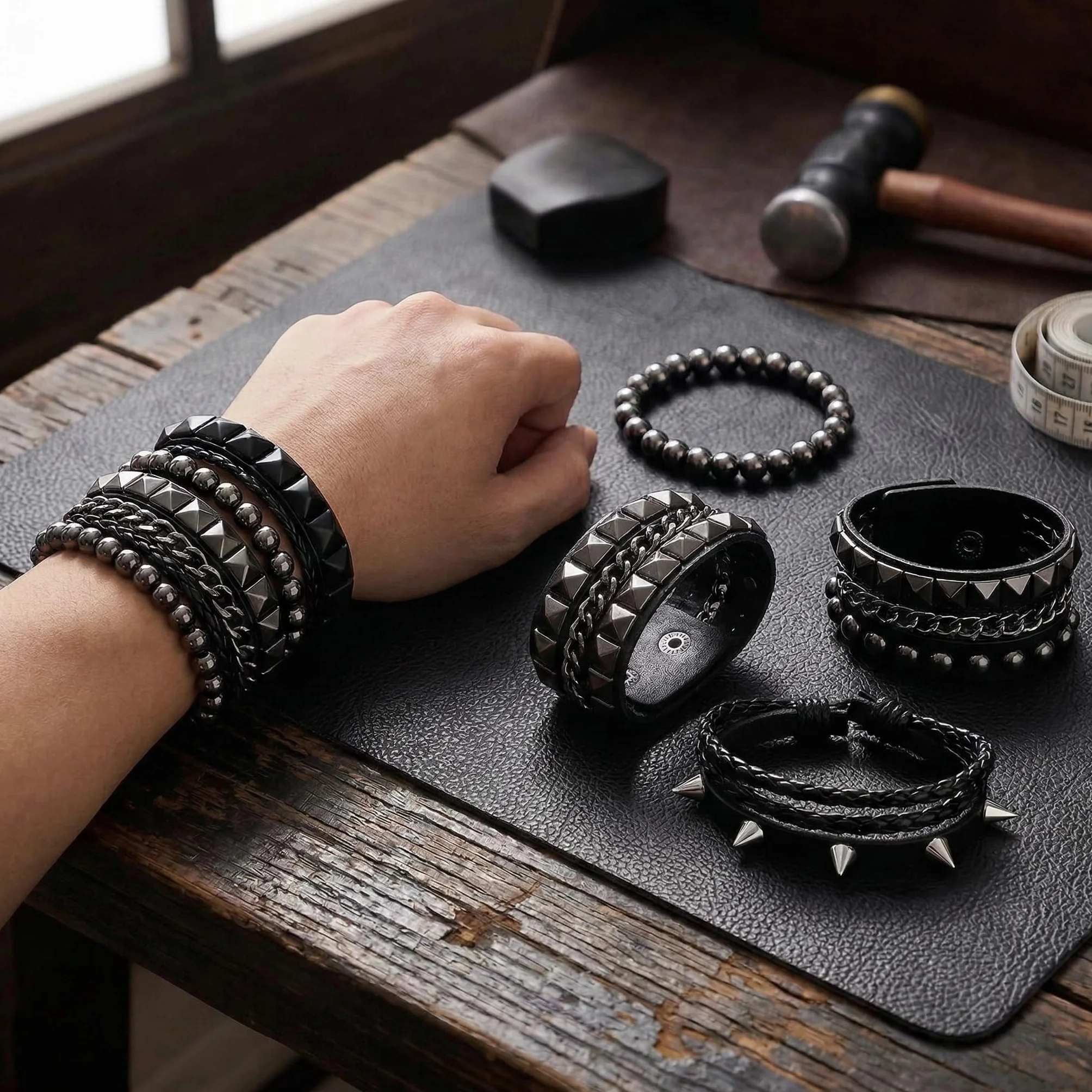 Pulseras Punk Rock de Cuero para Hombres y Mujeres – 4 Pulseras Negras con Clavos Metálicos