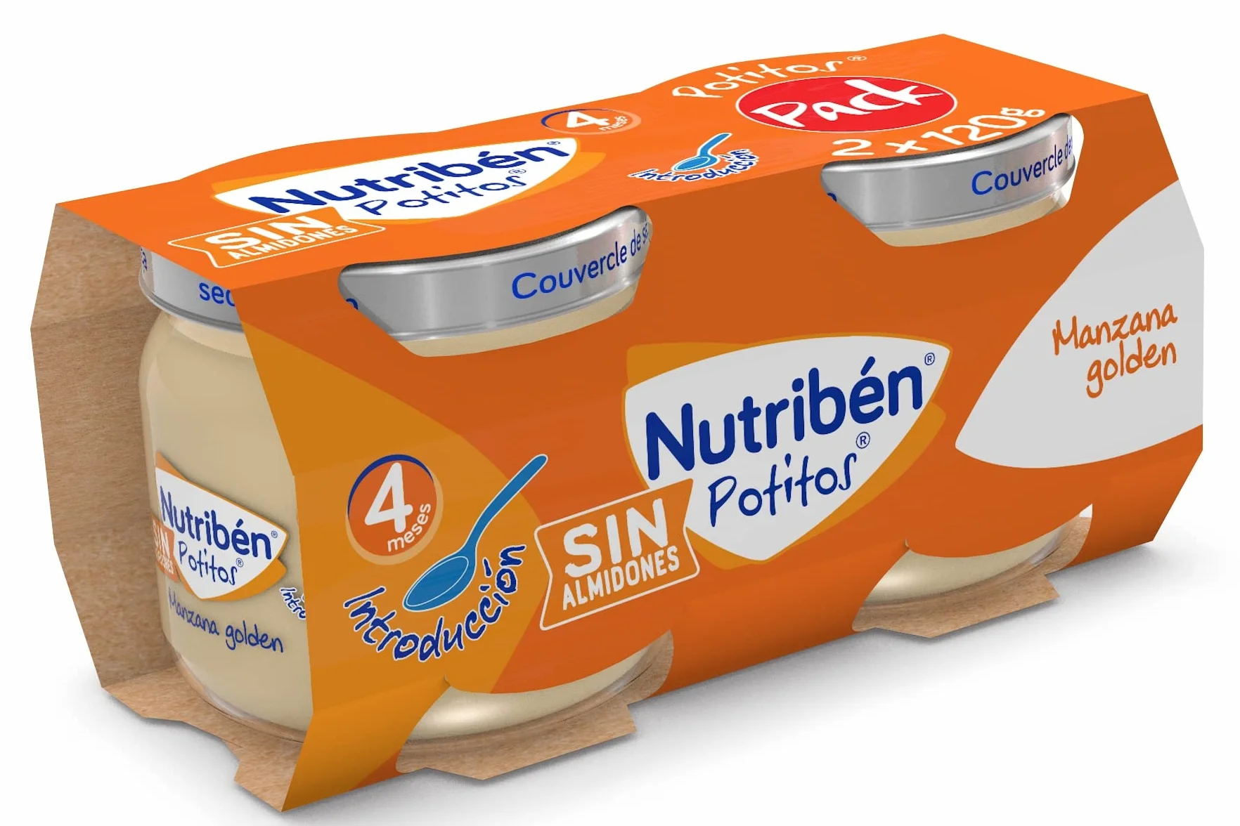 Nutribén Potitos | Tarrito de Introducción de Manzana Golden | Para Bebés a partir de 4 Meses | Sin Azúcares Añadidos | Sin Gluten, Sin huevo, Sin Leche | 3 Pack de 2 Unidades de 120g por Tarrito