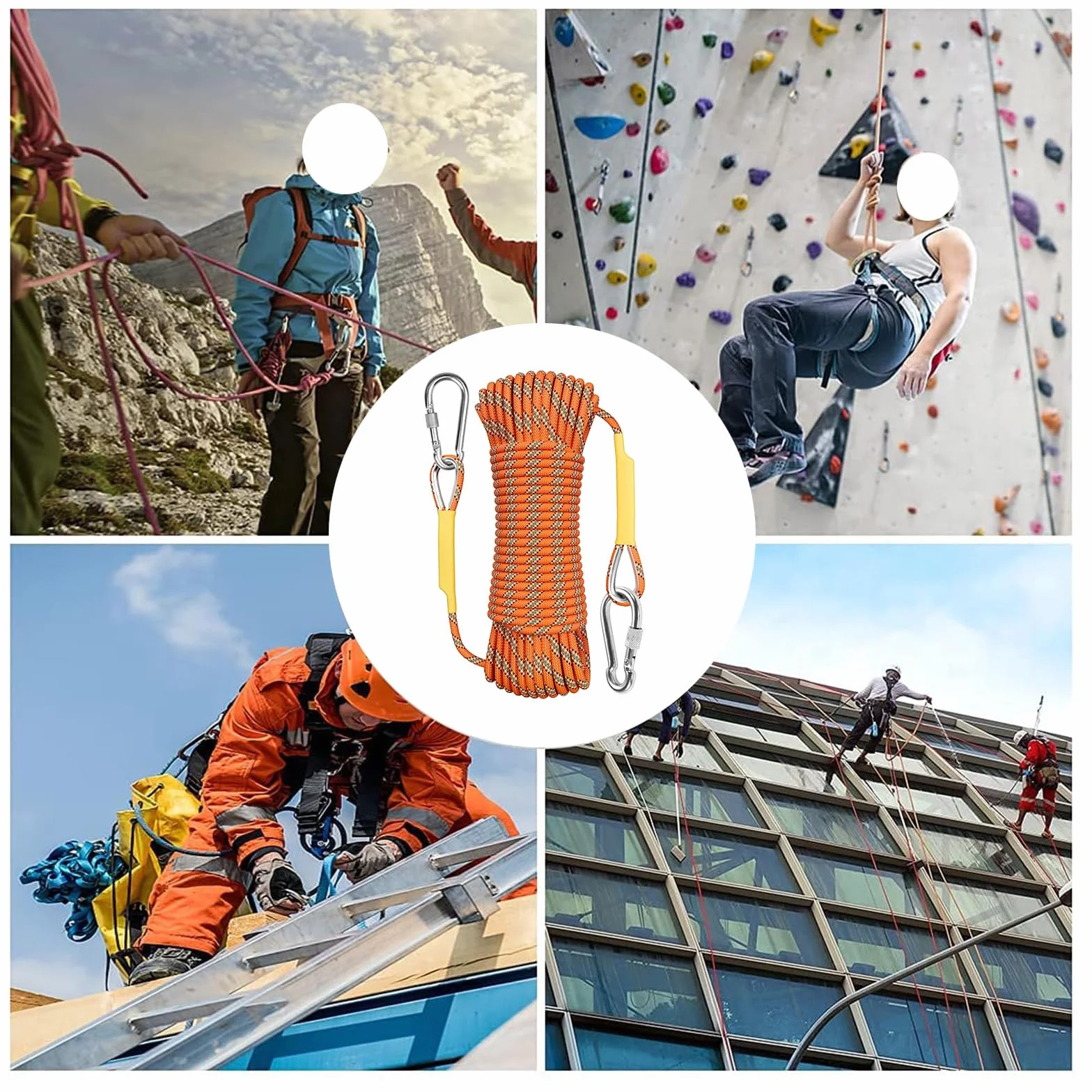 Cuerda de Escalada Estática 12mm 10m Al Aire Libre con 2 Mosquetones Naranja