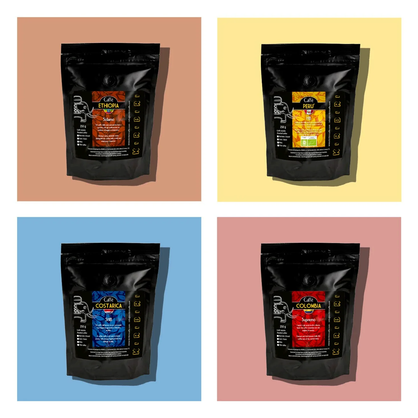 KIRIBIRI Café Especial de Origen 100% Arábica en Grano - Paquete de 4 x 250 g - Orígenes: Colombia, Costa Rica, Perú Orgánico, Etiopía