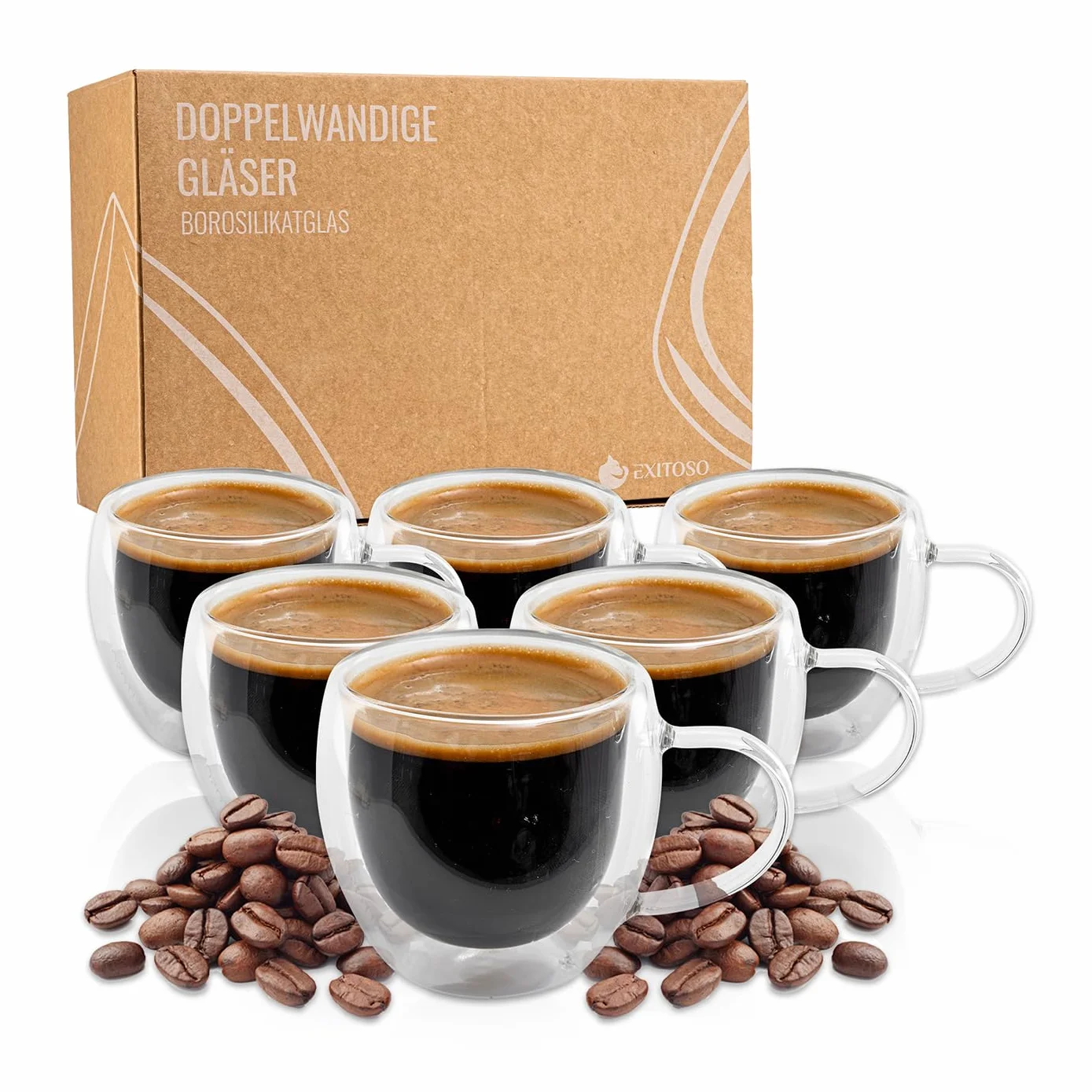 Exitoso Vasos de doble pared para latte macchiato, 80 ml, juego de 6 vasos de café de doble pared, vidrio de borosilicato, tazas de café, vasos de café con asa