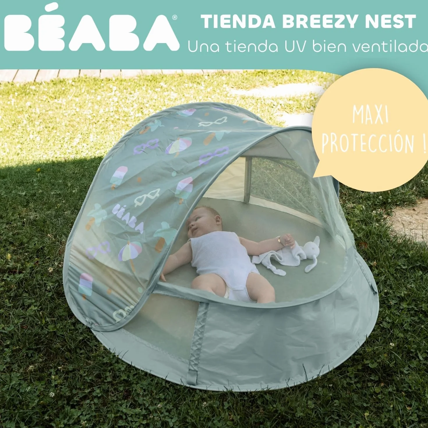 BÉABA Breezynest Tienda De Playa Para Bebé 2 En 1, 0–24 Meses, UPF50+, Protección Solar UV, Ventilación 360°, Mosquitera, Sistema Pop-Up, Caqui