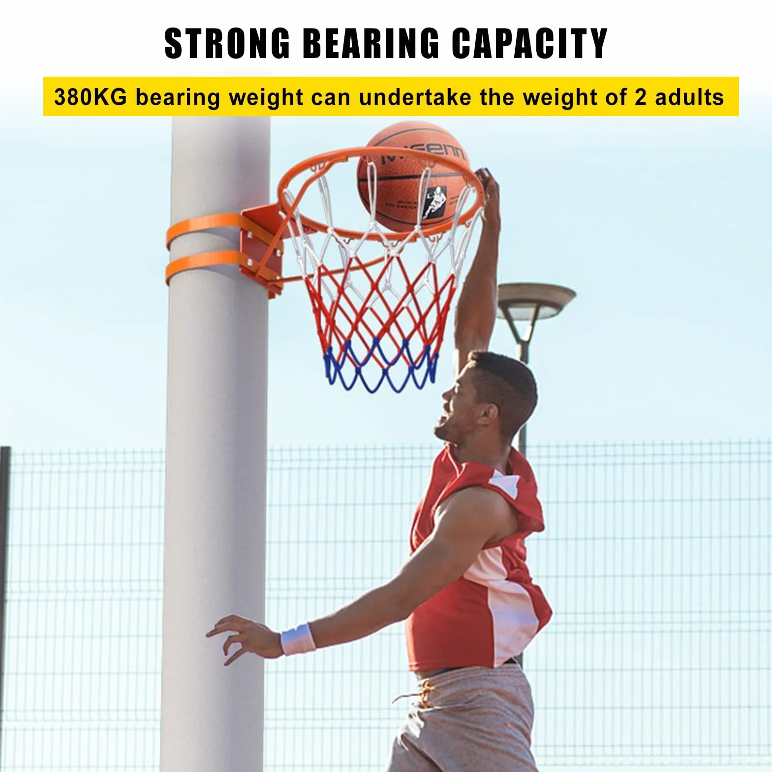 Aro de Baloncesto de Pared 46cm Exterior - Canasta Acero con Red, Altura Ajustable (200-250cm), Resistente a la Intemperie para Jardín OXFUZZ