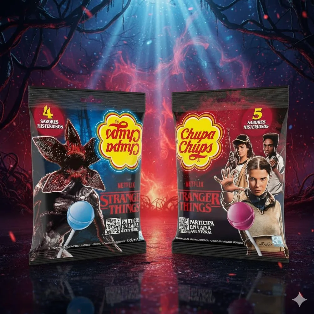 iChuches | Chupa Chups Stranger Things – Sabores Misteriosos Inspirados en los Personajes de la Serie | Edición Especial Surtida (20 uds) | Caramelos con Palo Coleccionables (Surtido 20 Unidades)