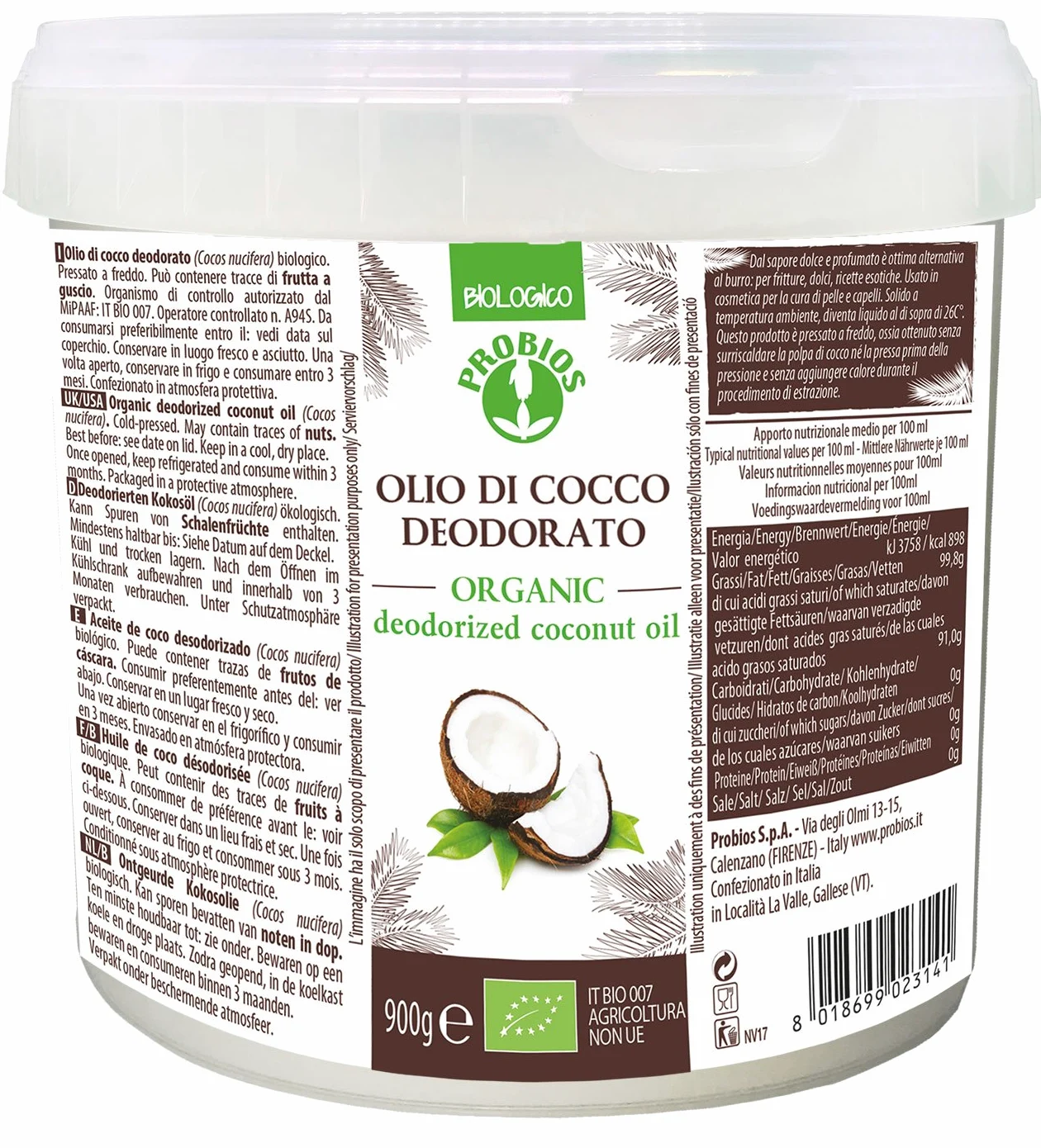Probios Aceite de coco ecológico, desodorizado – Aceite vegetal versátil para freír, hornear y platos exóticos – Aceite puro y ecológico sin aditivos – 900 ml