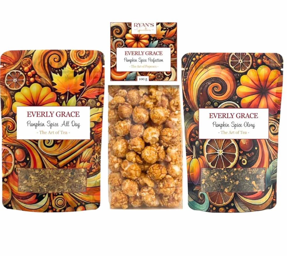 Everly Grace Pumpkin Spice - Juego de té orgánico suelto y palomitas de maíz crujientes en otoño, mezclas de otoño hechas a mano con canela, nuez moscada, clavo y calabaza, con té negro, té de