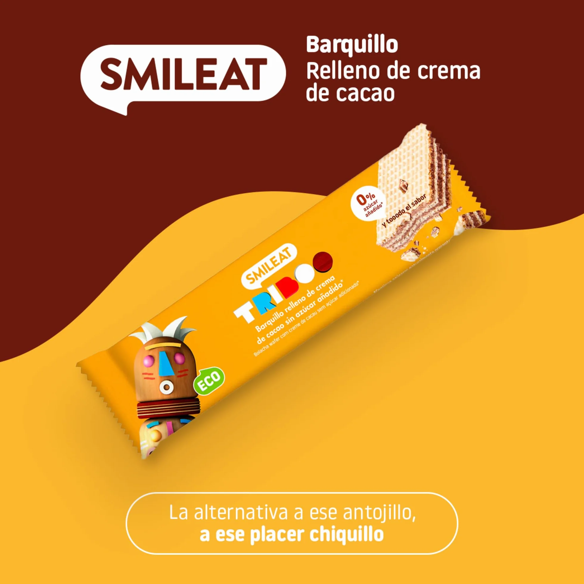 Smileat - Barquillo TRIBOO Relleno de Crema de Cacao - Snack con ingredientes ecológicos - Sin Azúcar Añadido - Merienda Crujiente con alto contenido de fibra