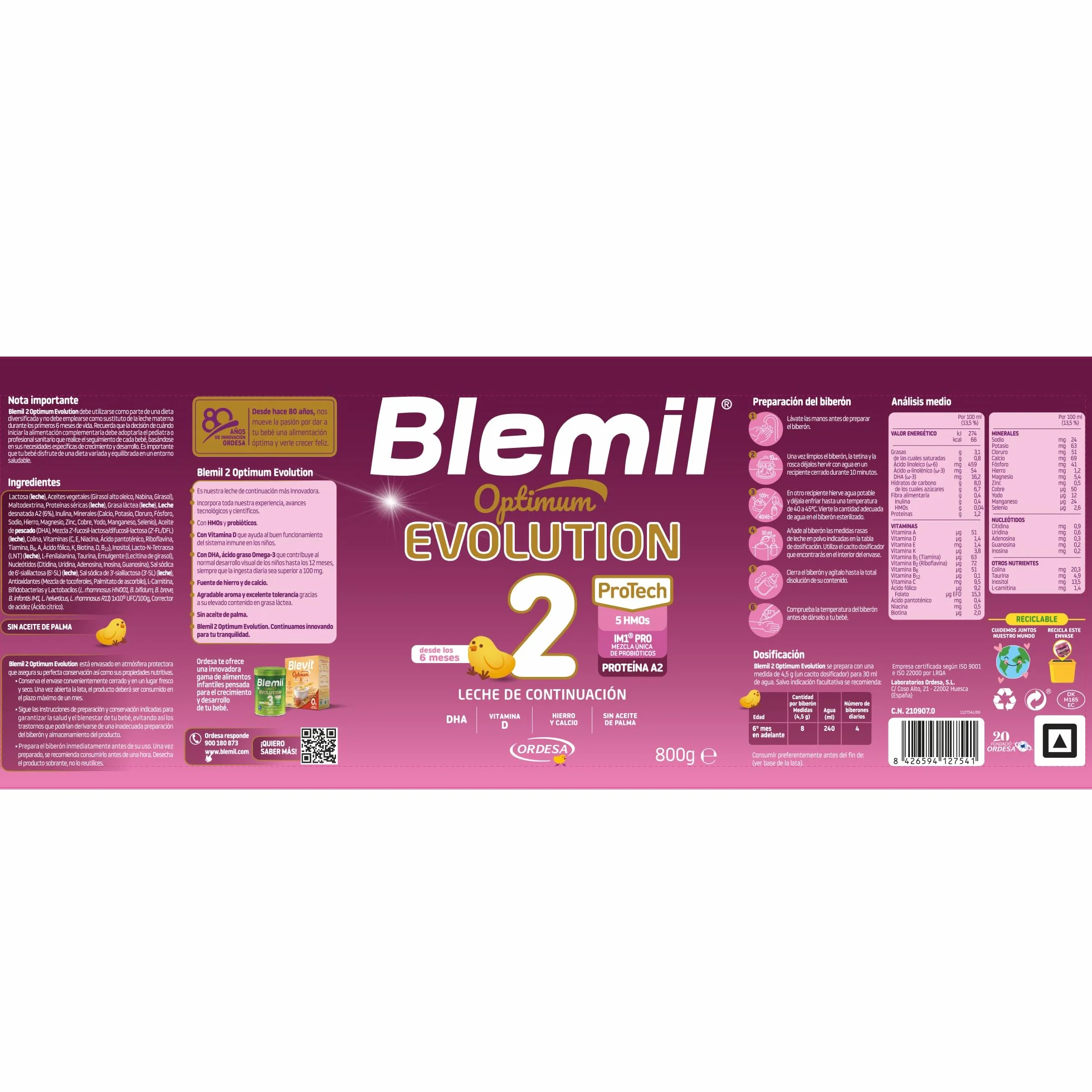 Blemil 2 Optimum Evolution | 800g | Leche de Continuación en polvo para Bebé Desde los 6 Meses