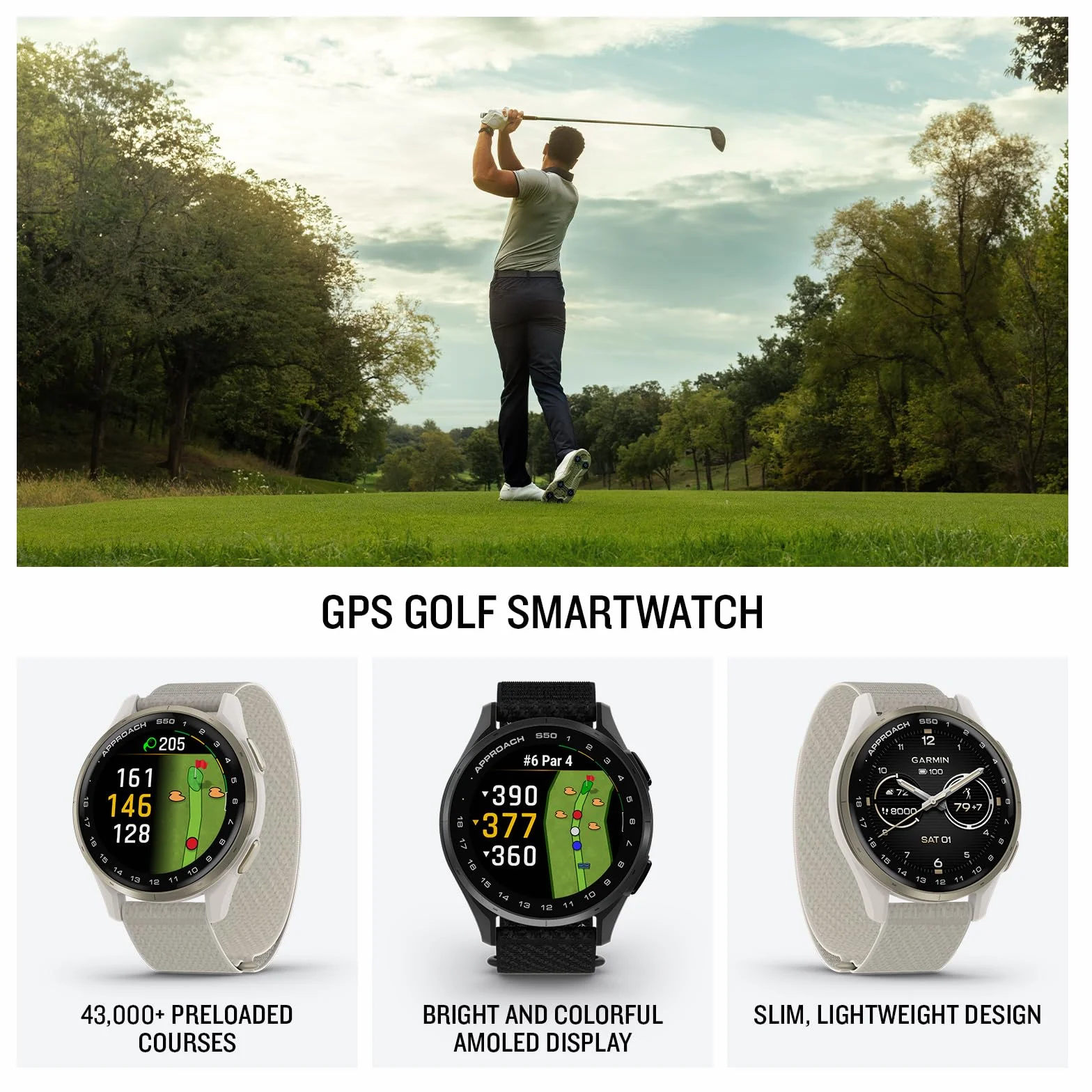 Garmin Approach S50 Reloj Inteligente GPS Golf Pantalla AMOLED Bisel Aluminio Correa Nailon
