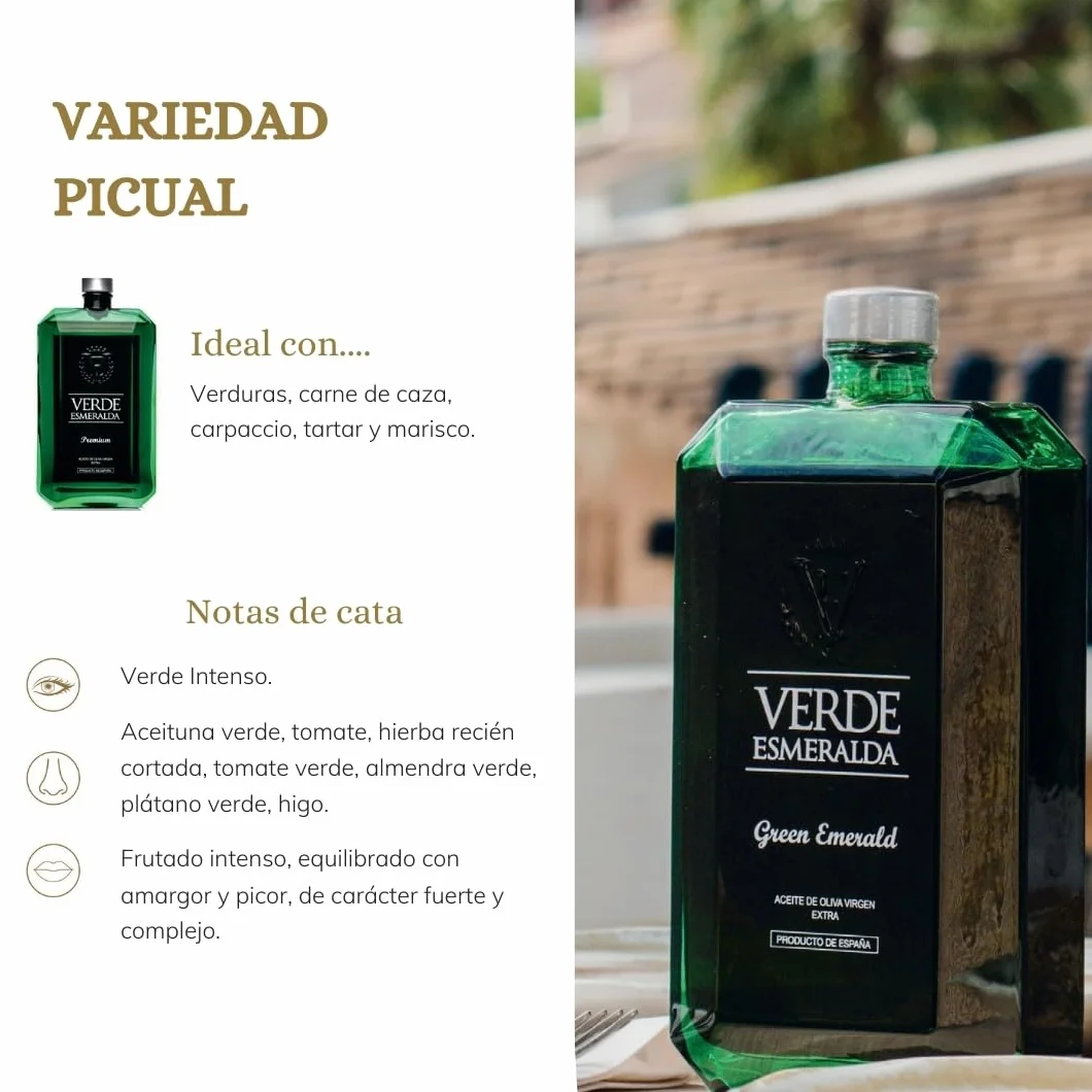 Aceite de Oliva Virgen Extra Picual Premium Verde Esmeralda 500ml AOVE monovarietal filtrado Sierra de Cazorla afrutado intenso