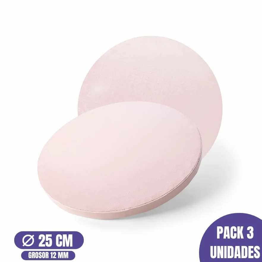 GLOTOMANIA - Base para Tarta Redonda - Calidad Profesional - Versátil y Fácil de Manejar - Pack de 3 Unidades - Superficie Liso y Brillante - 25 x 1.2 cm, Rosa