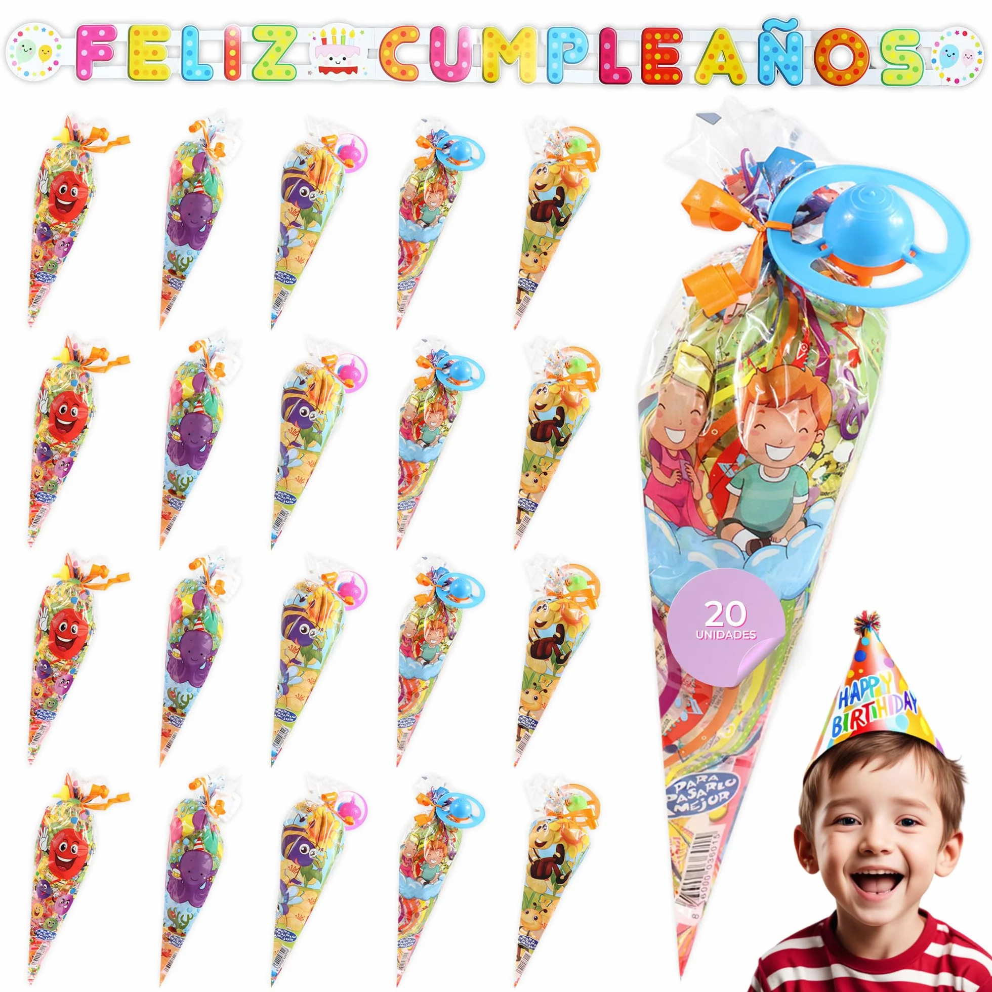 20 Conos Chuches Cumpleaños SIN GLUTEN - Bolsas Chuches Cumpleaños Rellenas - Cucuruchos Chucherías preparados para fiestas Infantiles - Cucuruchos rellenos de golosinas listos para regalar
