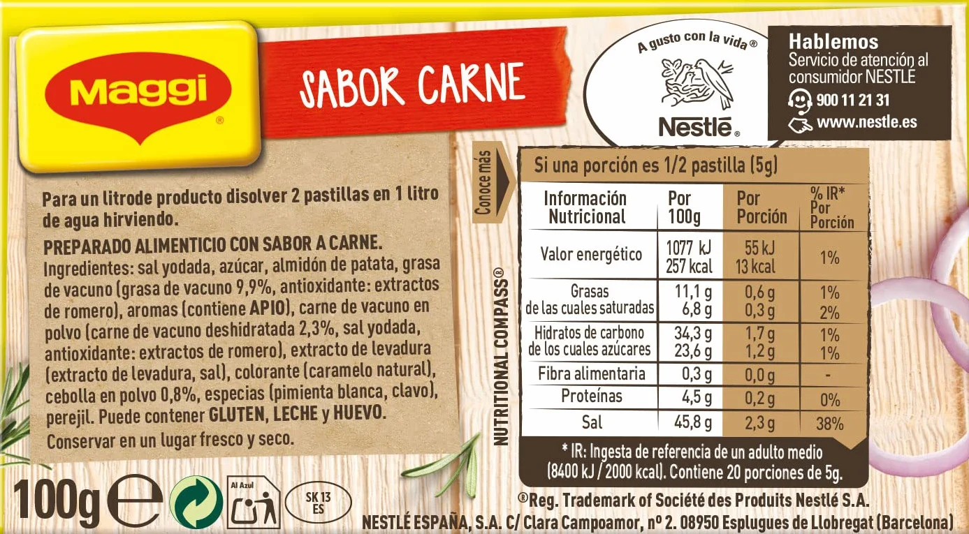 MAGGI Caldo de Carne deshidratado Pack 20 x 10 pastillas 10g Total 200 cubitos