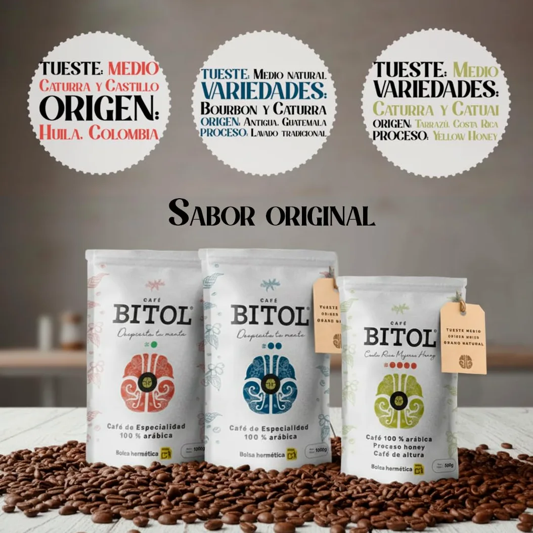 BITOL COFFEE | Pack de 3 Cafés de Especialidad en Grano Natural | Guatemala Antigua + Costa Rica Yellow Honey + Colombia Huila Supremo | Café Gourmet Tueste Medio | Arábica de Origen Único | 2500 gr