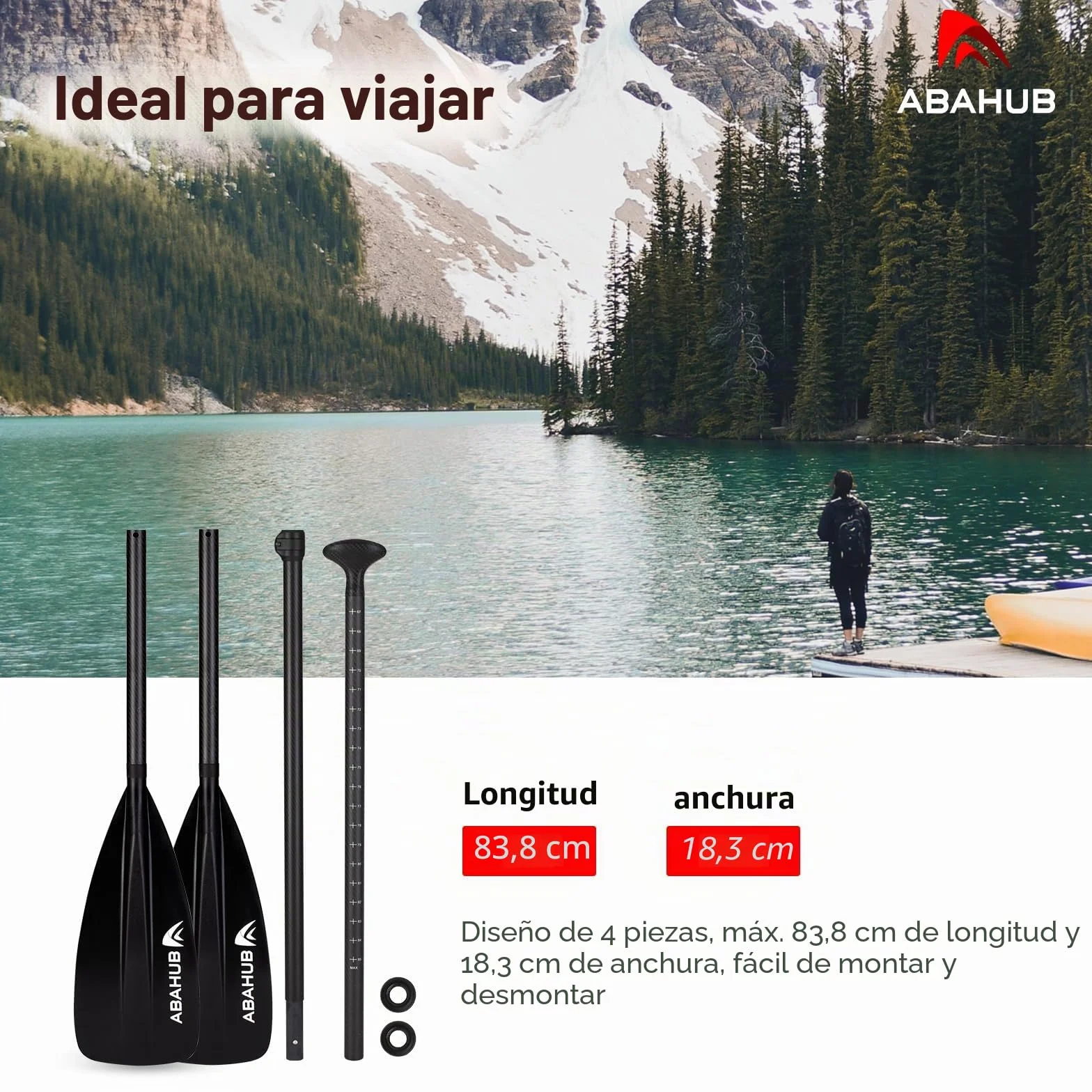 Abahub Kayak Paddle Sup Pala Ajustable Carbono Eje Hoja de plástico