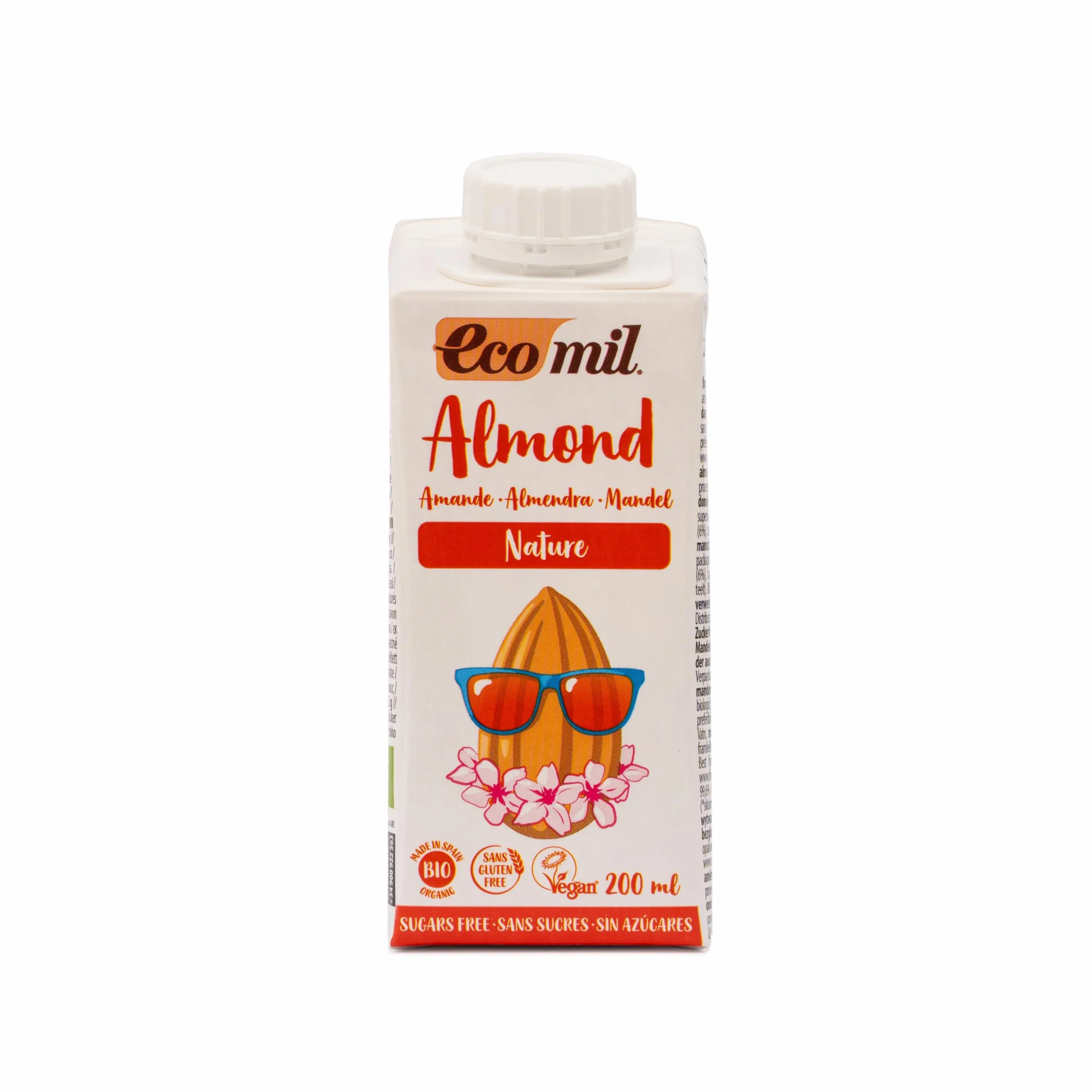 Ecomil Almond Nature Bio 200ml | Leche de Almendra Ecológica Sin Gluten | 100% Natural | Sin Azúcares Añadidos | Apta para Dieta Vegana | Bebida Vegetal Saludable y Nutritiva