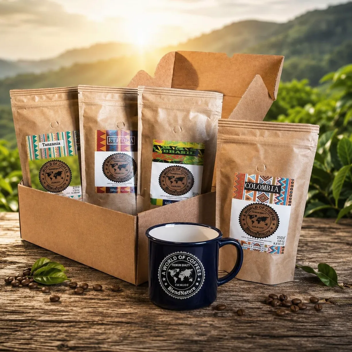 Café pack 4 x 250g en Grano - Seleccion mejores Cafes del mundo Arabicas +Brasil Colombia Etiopia y Tanzania + Caja regalo + Taza vintage - Maxima calidad avalada por la SCA