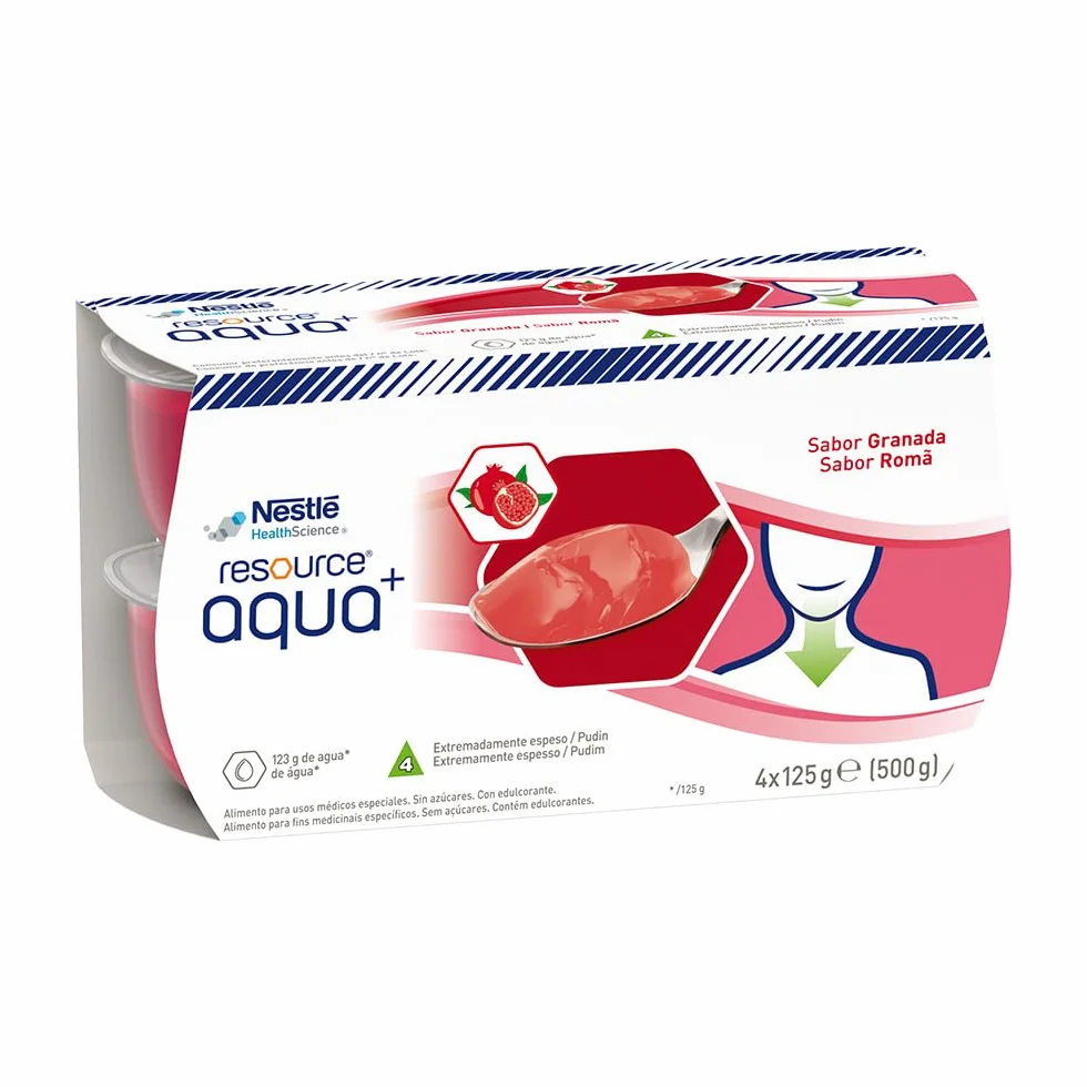 RESOURCE AQUA+ GELIFICADA, Sabor Granada, Hidratación Segura para Personas con Disfagia, Textura Tipo Pudin, Fácil Ingesta, Sin Gluten ni Sacarosa, Paquete de 4 unidades x 125 gr