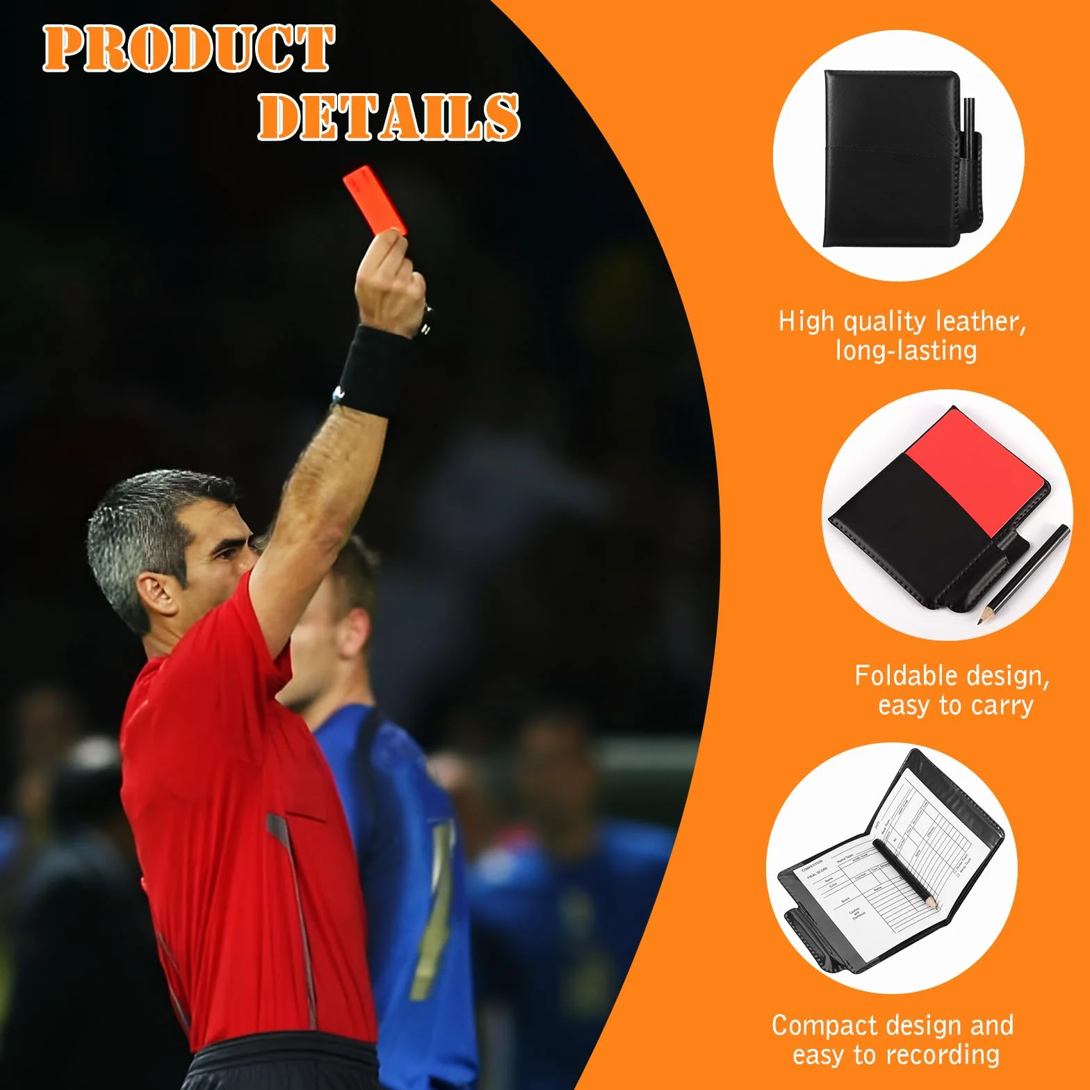 Juego de tarjetas de árbitro de fútbol rojo y amarillo con papeles de registro y hoja de puntuación