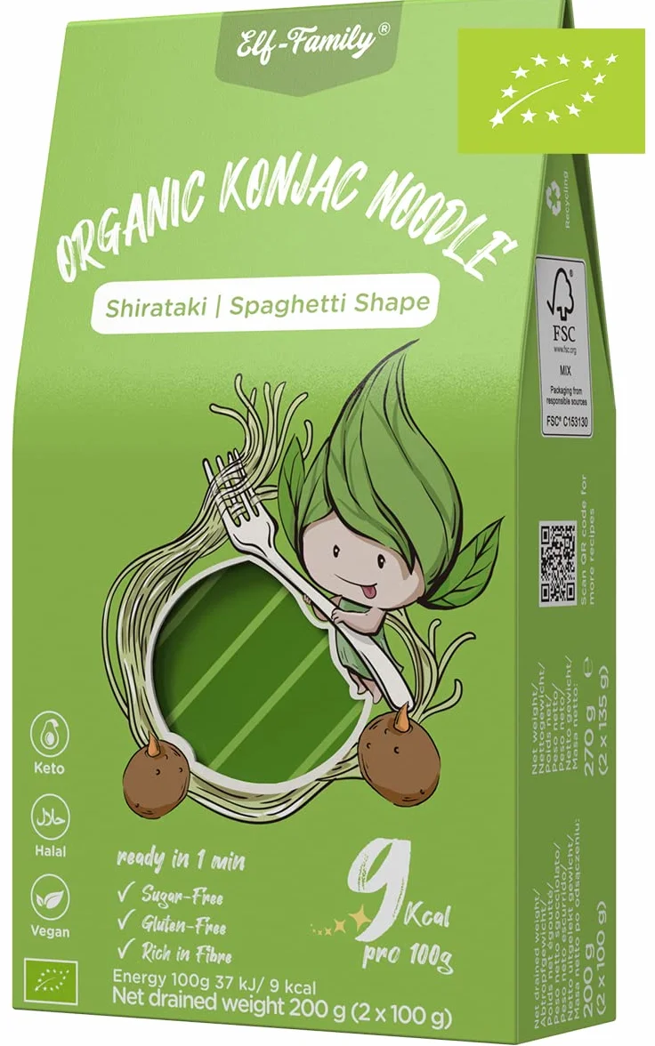Elf-family Bio Pasta Konjac Keto Carbohidratos Ultrabajos/Vegano/Sin Gluten 270 g x 1 cajas(2 paquetes), Fideos Konjac Noodles Shirataki Noodles/Sin azúcar/Bajo en Calorías - Spaghetti