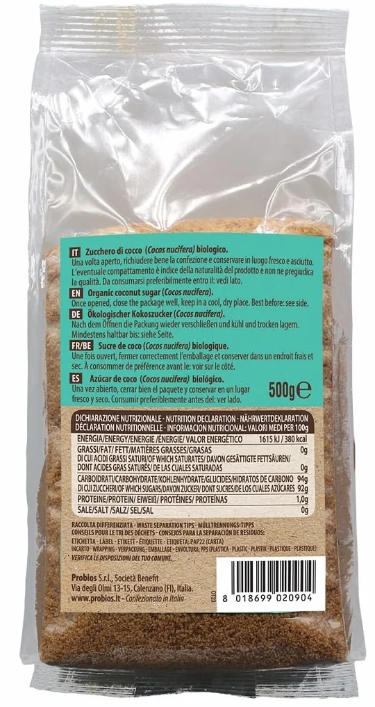 Probios Azúcar de Flor de Coco Ecológico – Ideal para repostería, bebidas y un dulzor natural – Azúcar de coco premium – 500 g