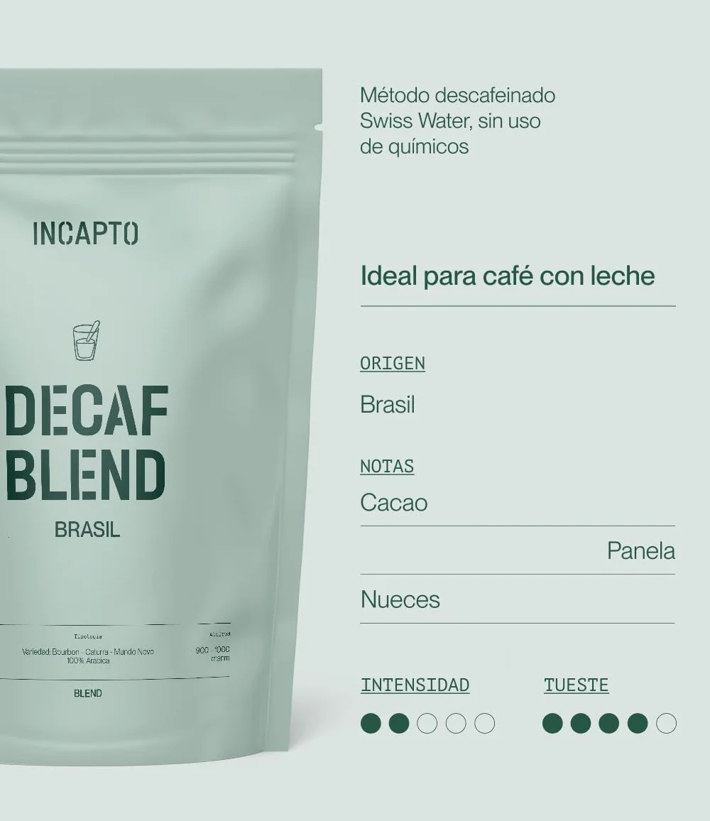 Incapto Café Descafeinado de Especialidad en Grano 500g 100% Arábica Brasil Swiss Water Decaf