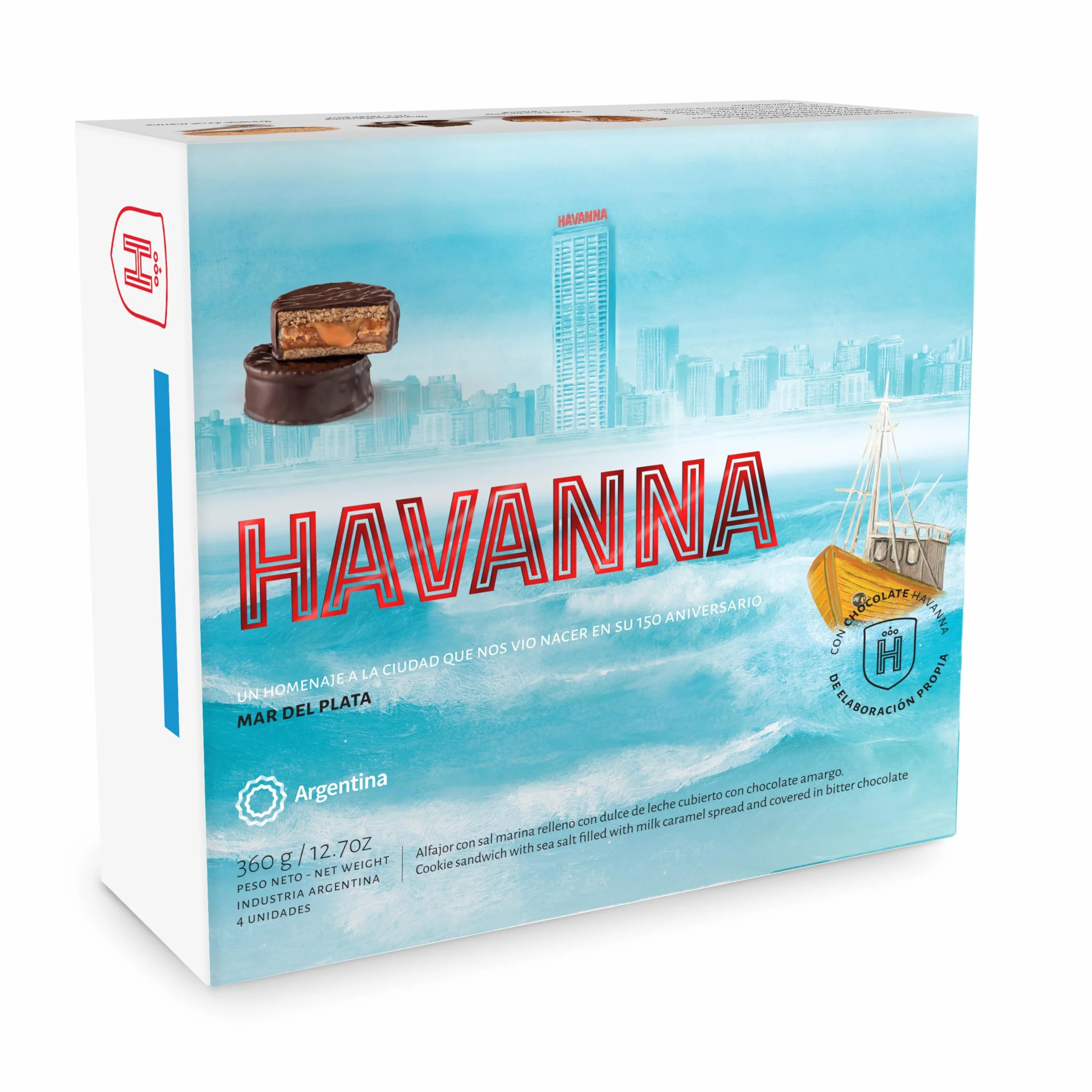Alfajores Havanna Mar del Plata | Alfajores Argentinos de Chocolate | Galletas Cubiertas Rellenas de Dulce de Leche Con Sal Marina | 4 unidades | 360g