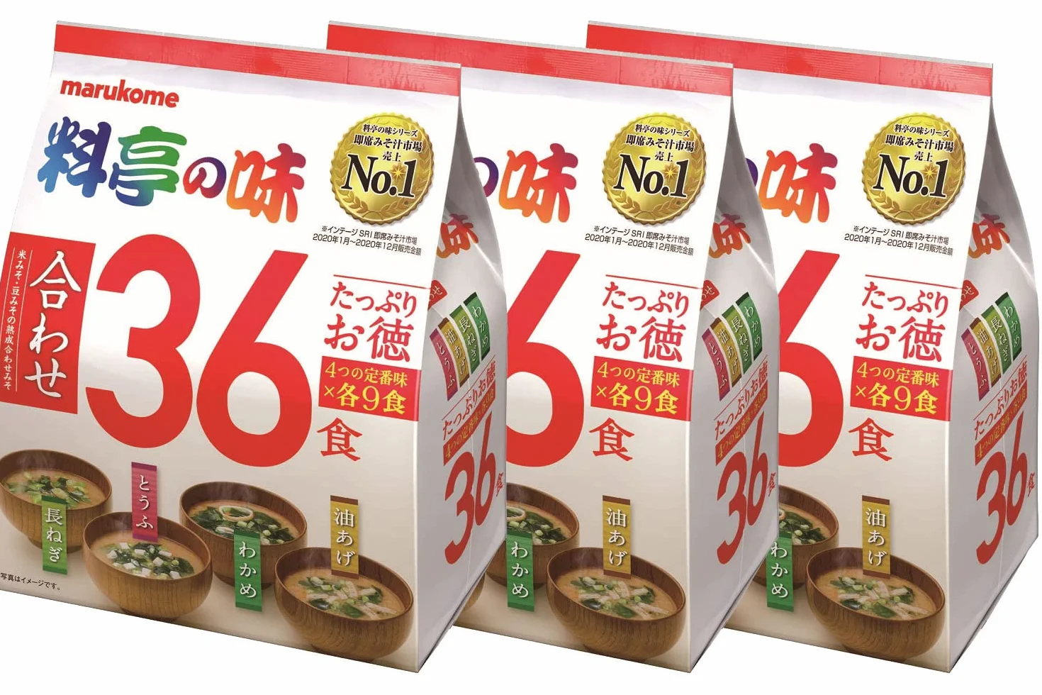 Marukome Sopa Miso Ryotei no Aji 4 Sabores, 36 sopas Miso instantáneas japonesas (algas Wakame, cebollas verdes, tofu, aburaage), juego de 3 paquetes