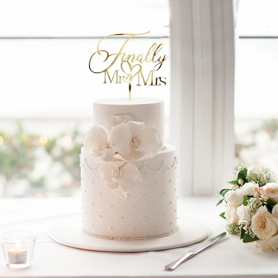 Finally Mr&Mrs - Decoración para tartas de boda, elegante decoración para tartas de aniversario de boda, romántica fiesta de boda (acrílico dorado)