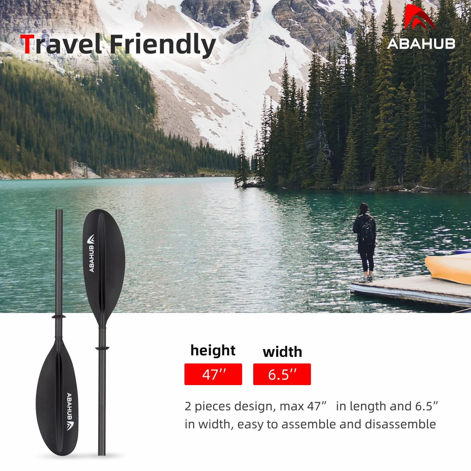 Abahub Remo Kayak Carbono 230 cm Ajustable 220-240 cm Pala de Kayak con Línea Hoja de Plástico