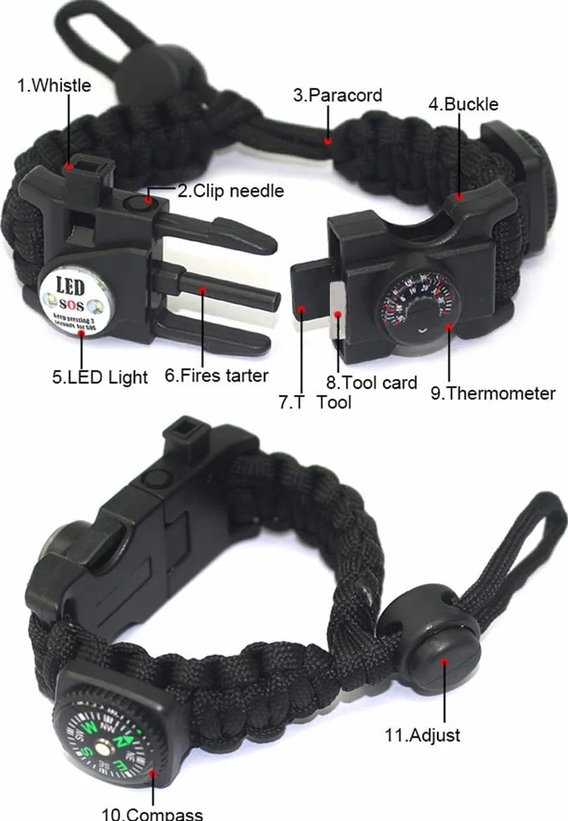 Pulsera Paracord Supervivencia Camuflaje con Flint Brújula Termómetro Silbato para Caminatas Camping