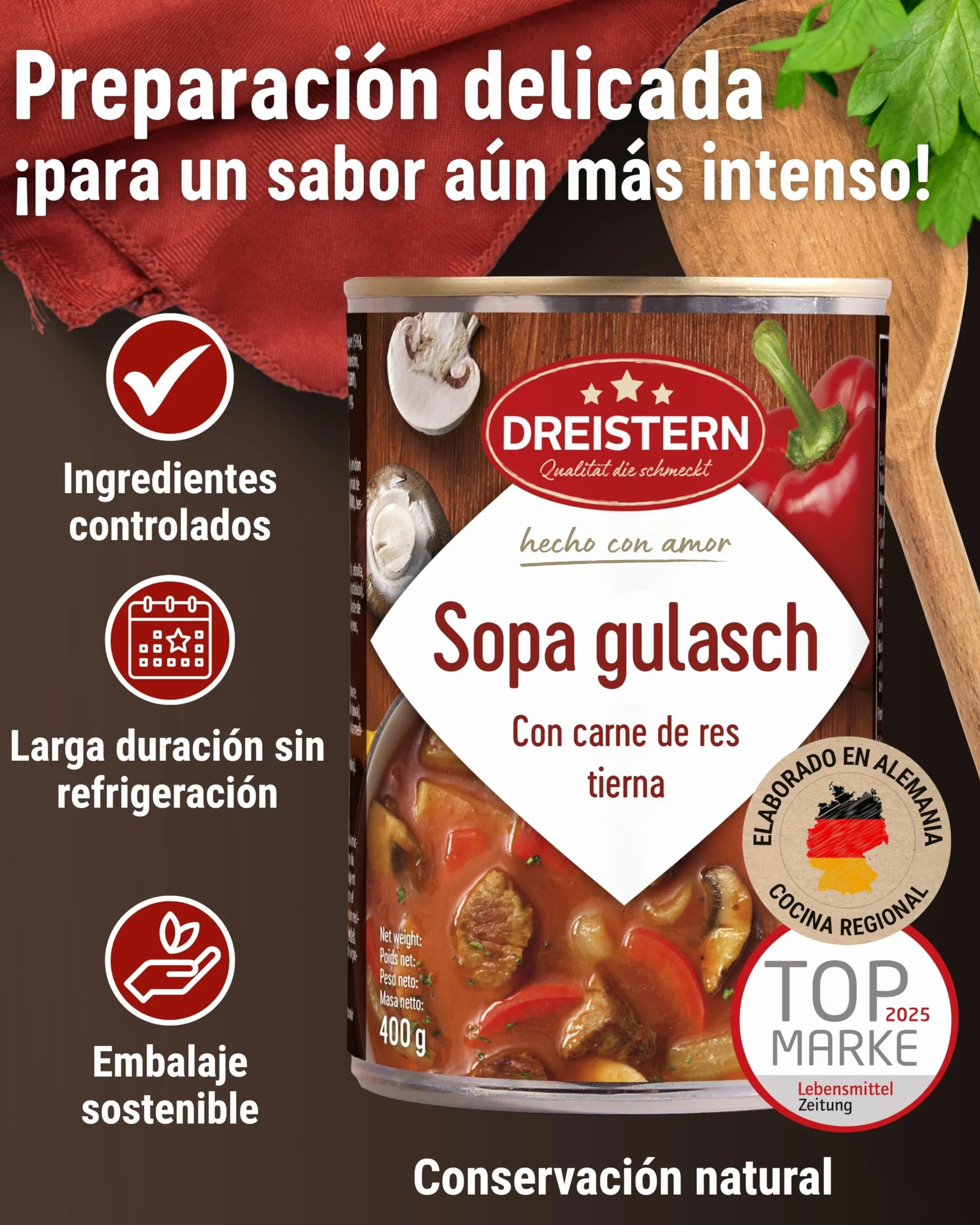 DREISTERN Sopa de Gulash Picante 400 g I Con carne de res tierna & verduras I Guiso picante en lata reciclable I Larga duración gracias a la conservación natural I Calidad casera