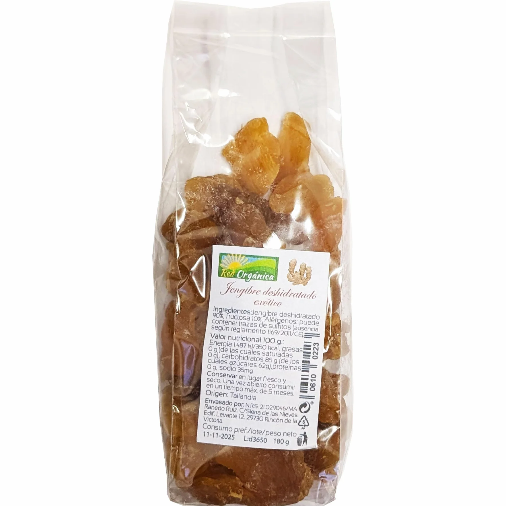 Jengibre Exótico Deshidratado 180 g Red Orgánica – Snack Natural con 10% de Fructosa, Vegano, Rico en Fibra y Antioxidantes, Ideal para Infusiones, Batidos y Repostería Saludable