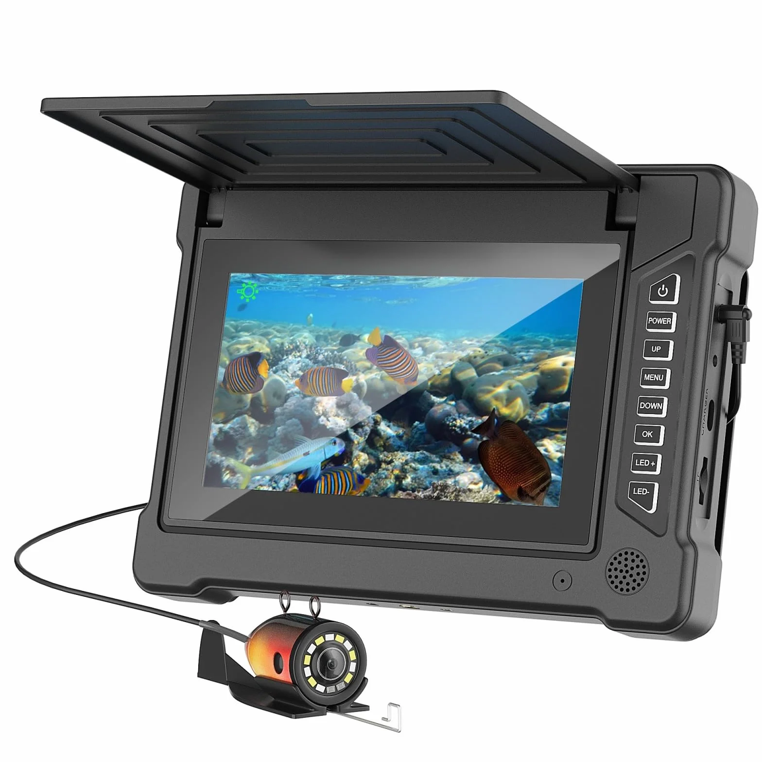 Cámara de Pesca Submarina 7" IPS con Visera, HD 1200TVL Gran Angular, IP68, Fish Finder para Hielo Mar Lago